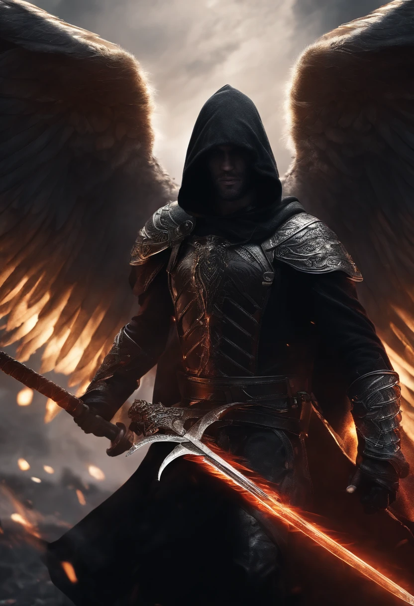 Realistic, 4K, Angels with big wings, Black clothes, one sword, Hood on head in war background image (chaos)