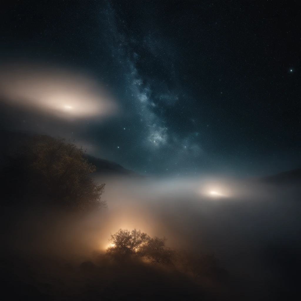 A large sparkling galaxy. Beautiful, like diamonds in the sky, view from earth, in a clear night, covered in a fine lair of fog