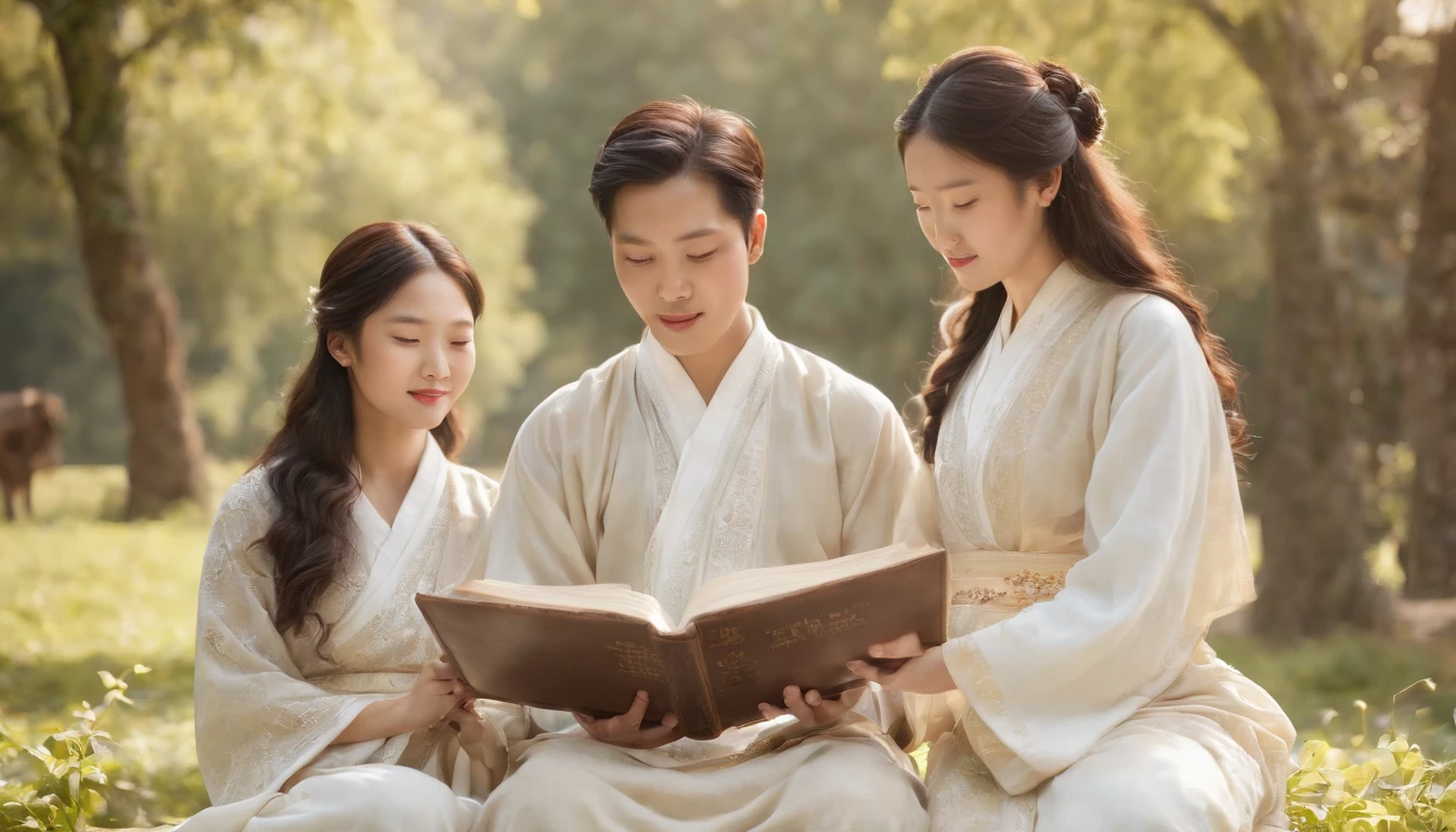 (Best Quality,Ultra-detailed,realisitic:1.37),portrait of a,Korean men and women reading the Bible,Oil Painting,Cathedral attire, View of the cathedral in the distance,Peaceful garden scene,Soft sunlight,tranquil expression,wisdom,Bible Quotes,vibrant colours,delicate brushwork,subtle textures,lush greenery,Contemplative atmosphere,Beautiful picture book,Highlighted features:Eyes in focus,gentle smiling,Graceful posture,Sunlight shining through the trees,rays,Quiet surroundings,serene ambiance,A Blessed Moment