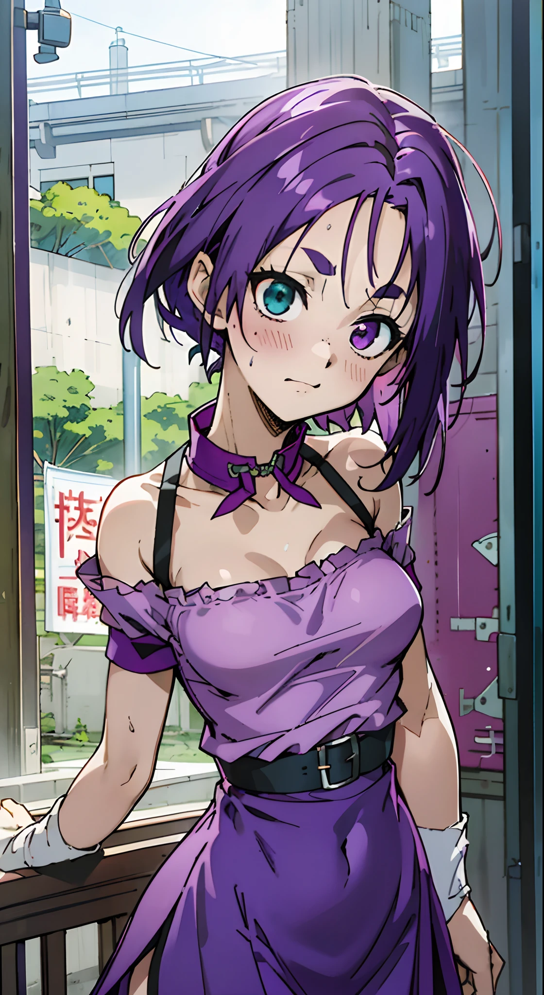 Masterpiece, Best quality, Ultra-detailed, Off-the-shoulder attire, Colorful,take up close, Hyper-detailing,purple color hair, reo mikage, bluelock, no sleeves, camisole, blue camisole, cheongsam, chinese clothes, chest exposure, underwear, the kinky is exposed, collar, arm warmers, sexy breasts, scar, big breasts, red blush, 1girl, Solo, sharpy face, heterochromia, green eyes, purple eyes, Bare neck, happiness face, rays of sunshine, brautiful sky, shining sky, slum town