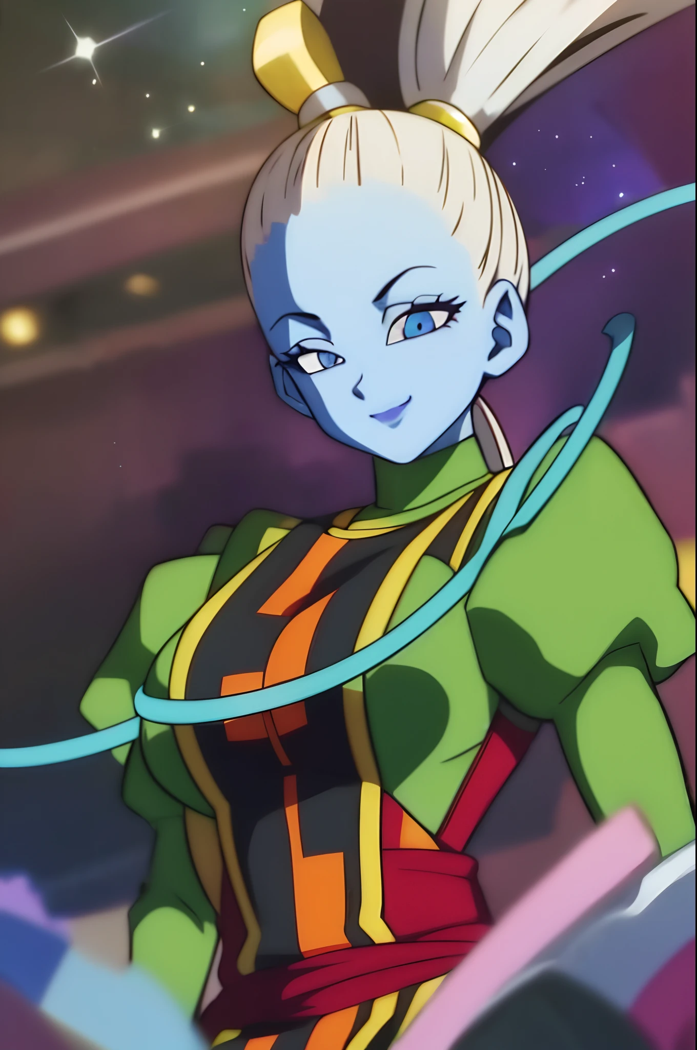 ((masterpiece,best quality)), absurdres, Vados_DB, solo, ponytail, blue skin, smile, hand on hip, stars and space in background, cinematic composition,, full body,big breast, blue eyes