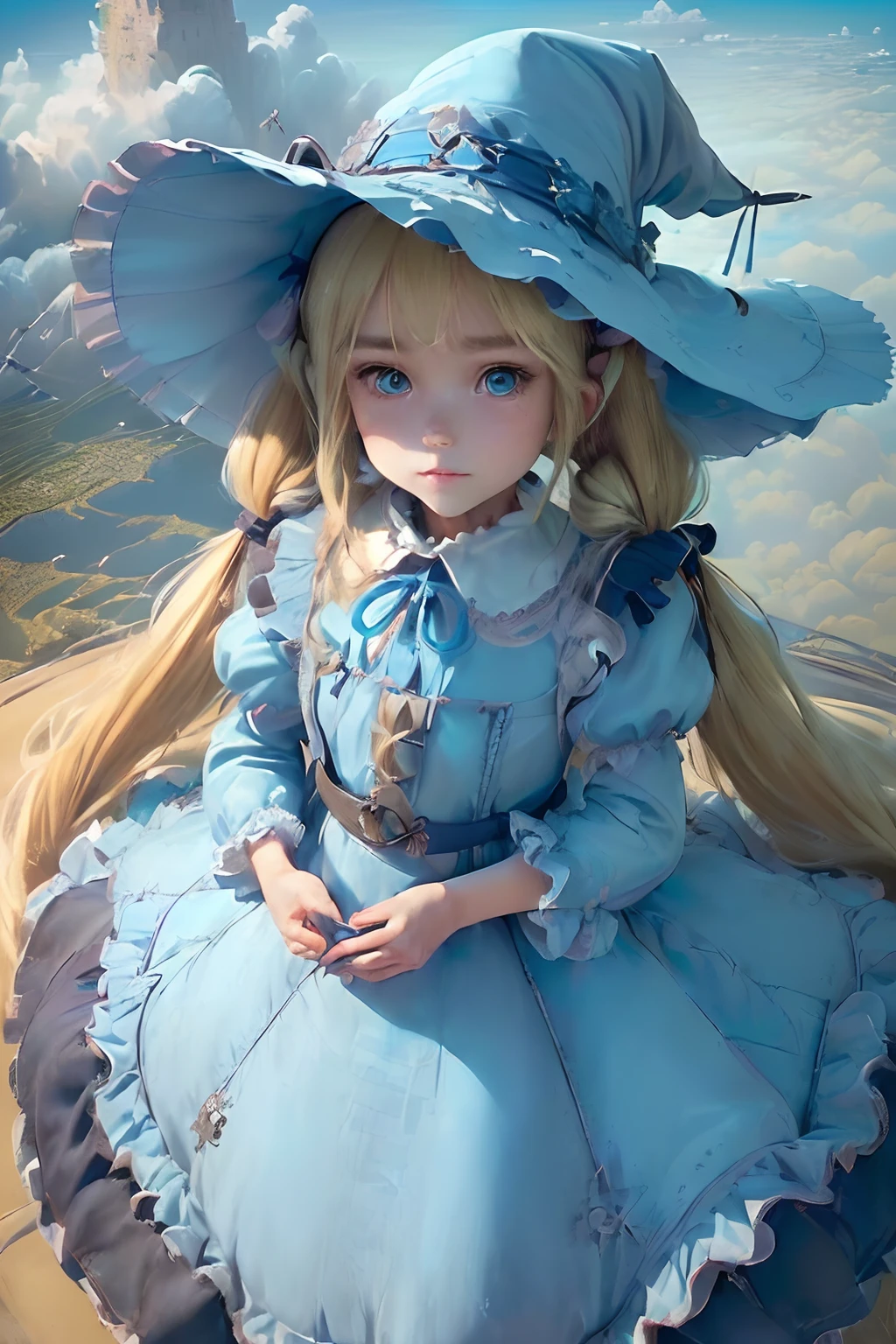 ((((hyperdetailed face, Perfect face and nice perfect face)))),( hight resolution, ultra-detailliert), (((((Petite girl with long hair blonde twin tails)))),(())),((((Light Blue Maid Dress)))),（((lying back))),(((Umbrella))),(((witch's hat))),(((sea of clouds))),((())),(((Medieval cityscape))),(((Ruffled skirt, Highest Quality)))),(((Flying in the sky))),(((Angle from above))