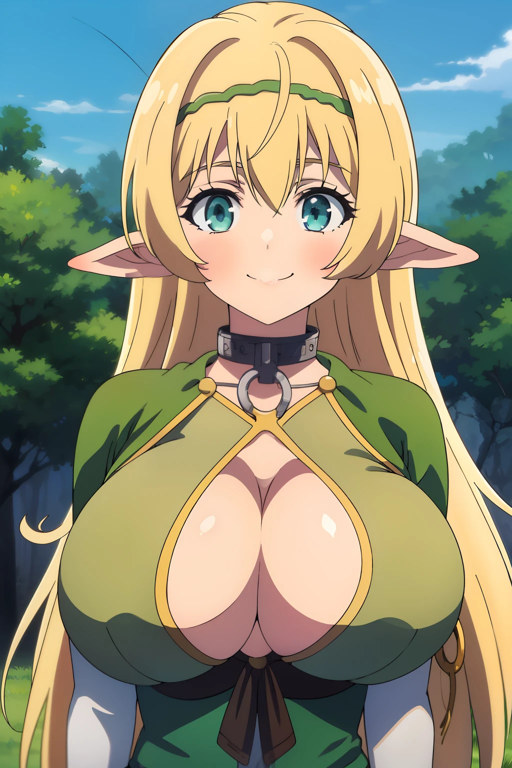 anime style, 12 years old, big eyes, cleavage, criss-cross halter, loin cloth, elf,gem,chain,choker,blonde hair,blue eyes,bangs,very long hair, (hair between eyes:1.3),blunt bangs,green hairband, green ribbon, best quality, high resolution, 1girl, (huge breasts:1.2), smile, closed mouth