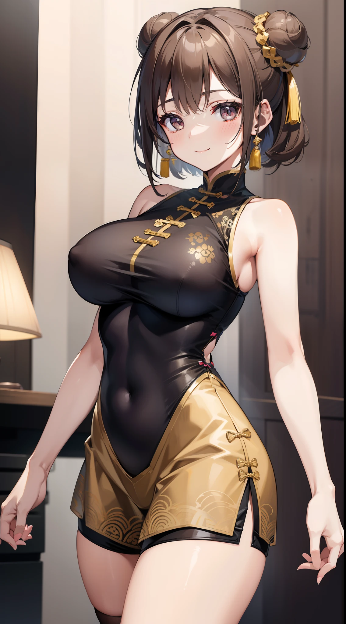 young girl, short brown hair in two buns, gray eyes, Smile, gray tight Chinese dress, Gold patterns, Sleeveless, Shorts, pantyhouse, large breasts, Needle control, Masterpiece, hiquality, 4k, HD, Good detail