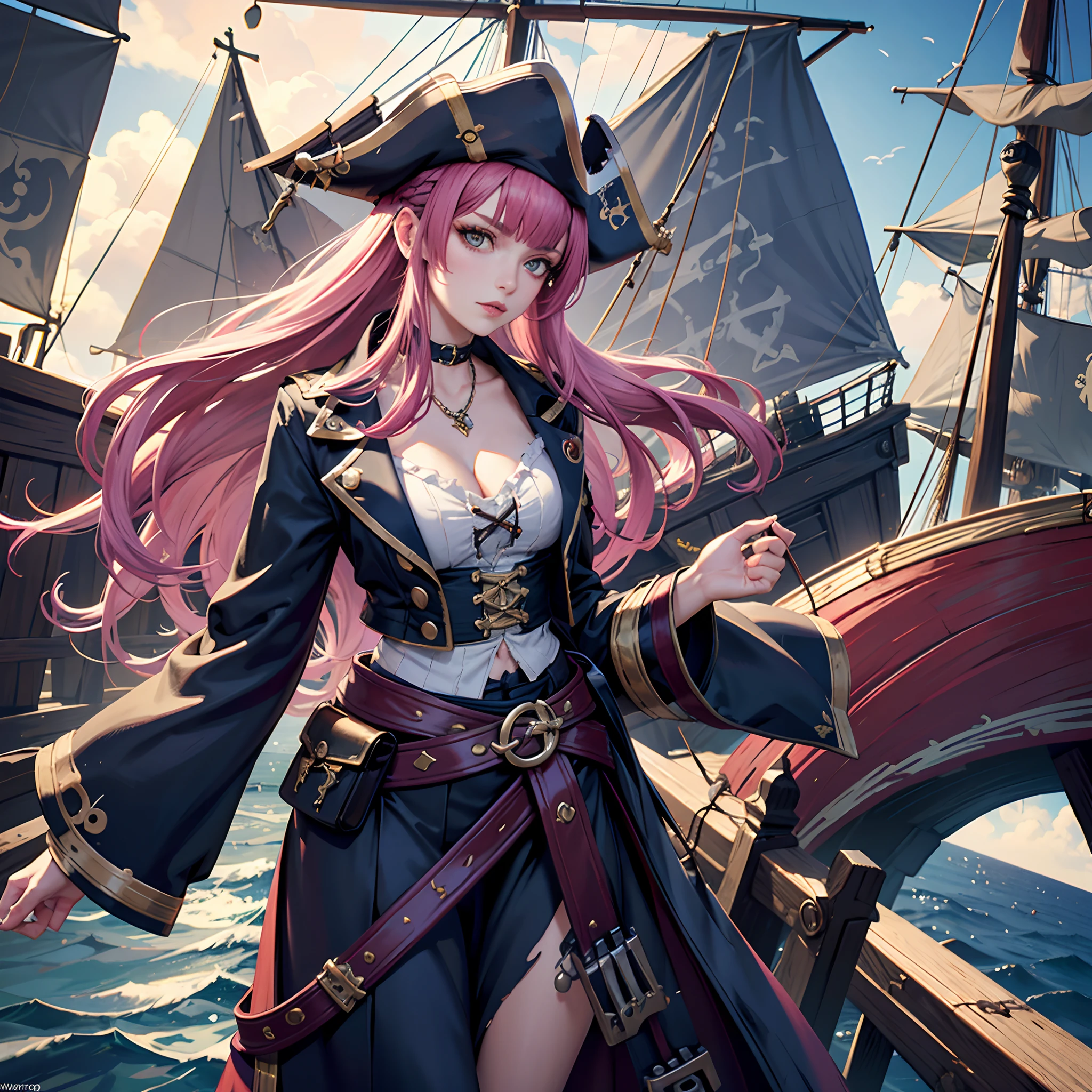 English woman,1girll,Lovely and beautiful Fas,28 year old,Colorful hair,double tails, Practical pirate clothing, (Long-sleeved pirate top), Skirt,Torn pirate hat, view the viewer, fantasy,(Pirate ship),Cinematic lighting,Masterpiece,Alstromeria mixed