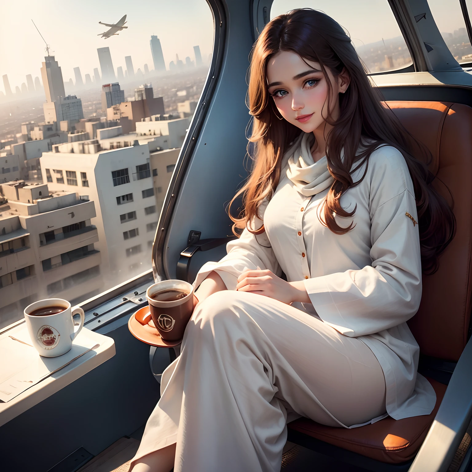Cute girl blue eyes, long brown hairs, smooth face, white shalwar and kameez, red lipstick, beautiful hair style, smile on face, sitting on a chair and a coffee cup in her hand on a roof and big city behind her, and a plane fly in sky behind her in morning