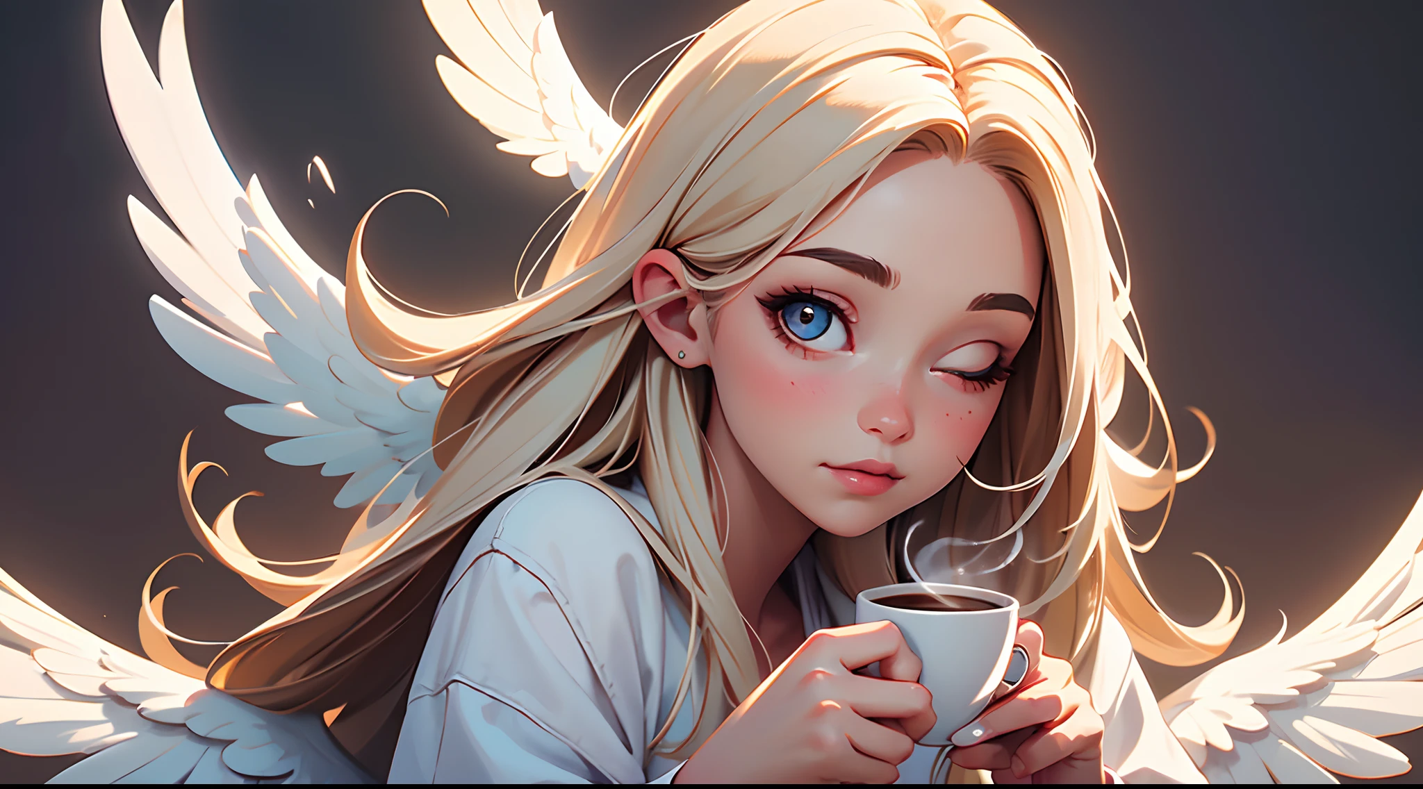 Picture of a girl with a cup of coffee and angel wings, beautiful angel girl, close one eye, beautiful angel, angel girl, beautiful angel portrait, beautiful angel girl portrait, angel, angel, coffee dark angel, winged girl angel, adorable digital painting, angel themed, angel, beautiful female angel, young one angel