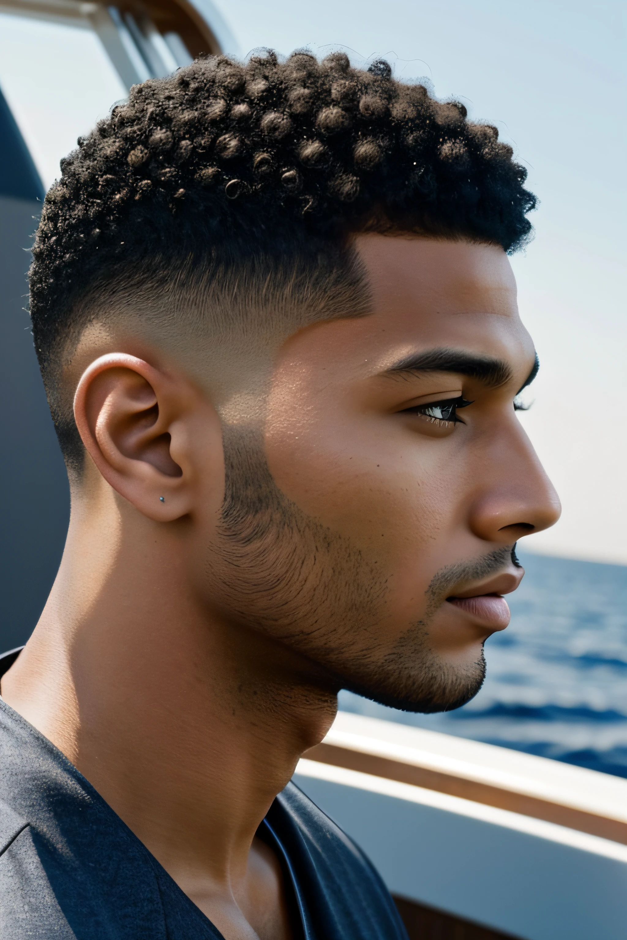 high quality handsome light skin mixed race man with short hair in side view on a luxury yacht
