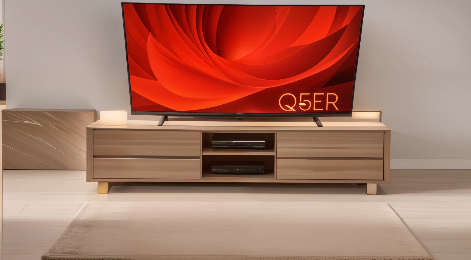There is a television on a stand with a red screen in an extremely luxurious room you can see the crossed legs of someone watching TV, QLED, intrincado altamente detalhado 8 k, intrincado detalhado 8 k, hiperreal altamente detalhado 8 k, renderizado em 32k huhd, 8K altamente detalhado, 8K altamente detalhado, 8k texturizado altamente detalhado, Textura altamente detalhada 8K, Estendido para 4K, Estendido para 4K
