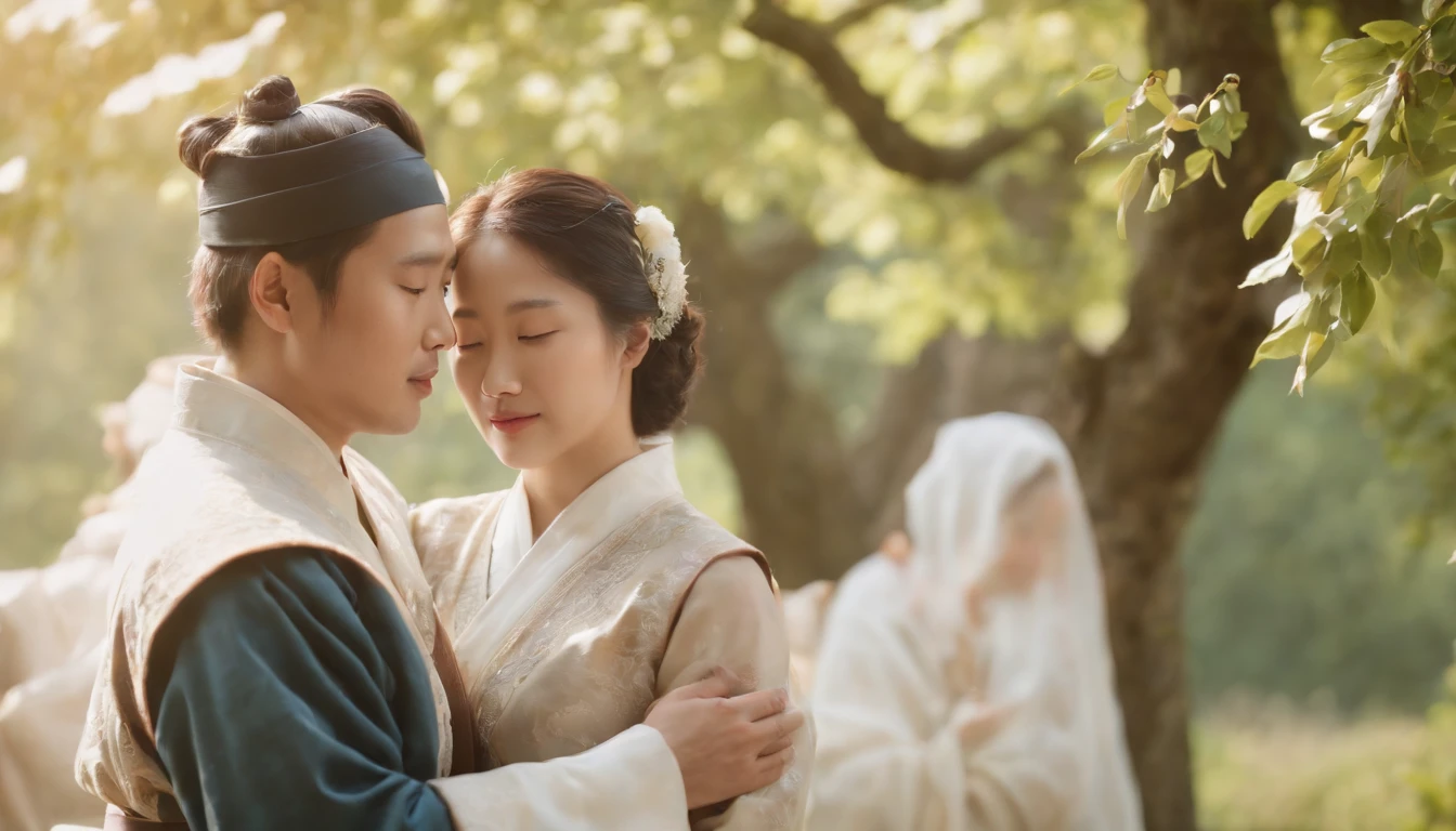 (Best Quality,Ultra-detailed,realisitic:1.37),portrait of a,Korean men and women reading the Bible,Oil Painting,Traditional Korean Costume,Peaceful garden scene,Soft sunlight,tranquil expression,wisdom,Bible Quotes,vibrant colours,delicate brushwork,subtle textures,lush greenery,Contemplative atmosphere,Beautiful picture book,Highlighted features:Eyes in focus,gentle smiling,Graceful posture,Sunlight shining through the trees,rays,Quiet surroundings,serene ambiance,A Blessed Moment