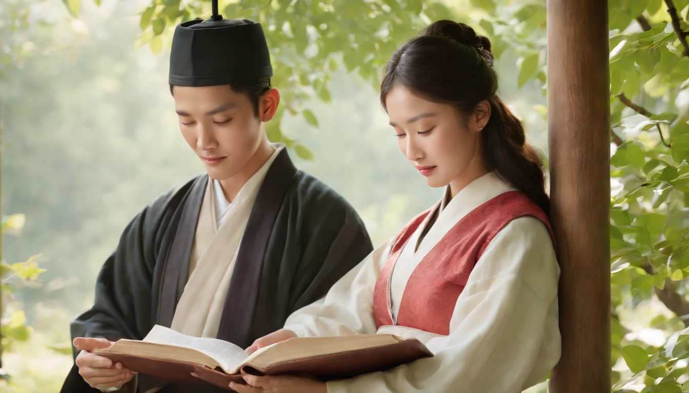 (Best Quality,Ultra-detailed,realisitic:1.37),portrait of a,Korean men and women reading the Bible,Oil Painting,Traditional Korean Costume,Peaceful garden scene,Soft sunlight,tranquil expression,wisdom,Bible Quotes,vibrant colours,delicate brushwork,subtle textures,lush greenery,Contemplative atmosphere,Beautiful picture book,Highlighted features:Eyes in focus,gentle smiling,Graceful posture,Sunlight shining through the trees,rays,Quiet surroundings,serene ambiance,A Blessed Moment