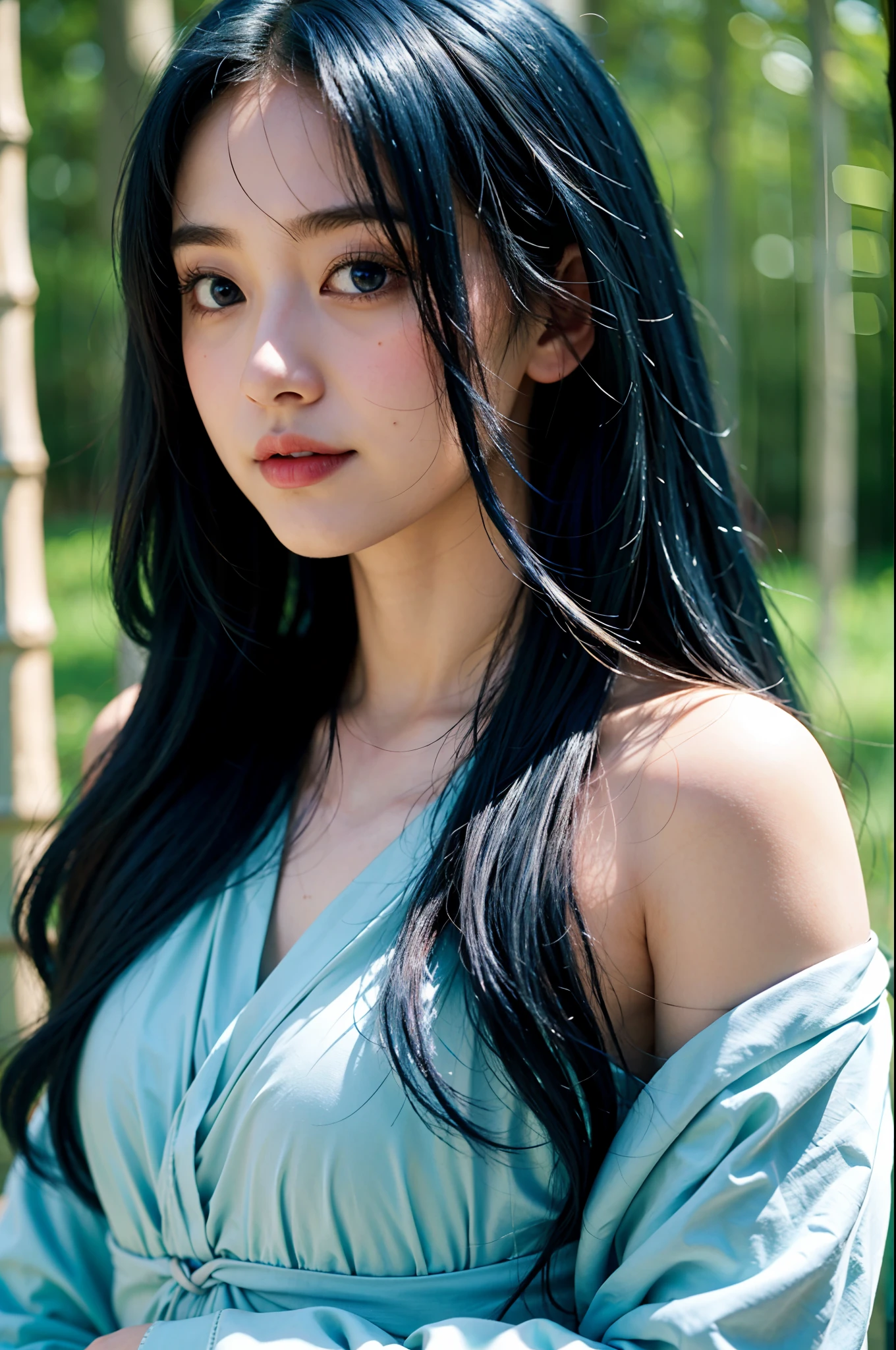 masterpiece, best quality, 8k, Very detailed, 1 girl, blue hair, long-haired, detailed eyes, Gump Forest, Bare shoulders, hanfu, lakes, Soft smile, bamboo, close up face,