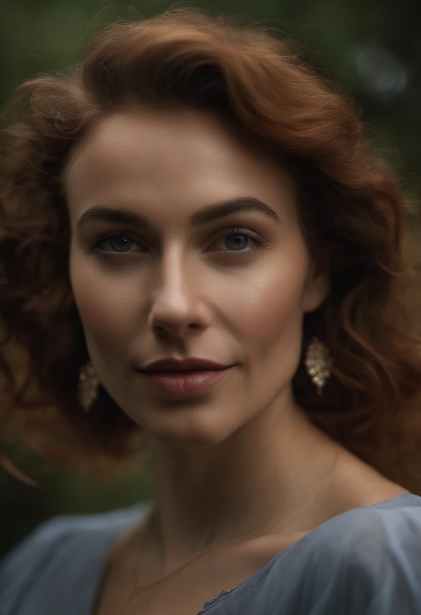 Reflector light , Masterpiece, Realstic, art de ANNIE LEIBOVITZ, textured skin , highest quallity , High detailed photo , 8k, Canon EF 50mm f/1.8 STM (Editorial photograph of a 30-year-old woman), (high detail face:1.4) (sourire:0.7) (background inside dark, morose, private study:1.3) ,couleurs riches, hyper realistic ,lifelike texture, dramatic lighting , Cinestill 800, wavy hair, messy hair, Boucles, sourire malicieux, visage malcheveous, cheveux roux, Rousseur, Yeux verts, peau blanche, bijoux, collier, Thelema, Scarlet woman, Masterpiece, Black coat with stars, Fait de ciel nocturne, sorcellerie, Pleine lune rouge, Dark side