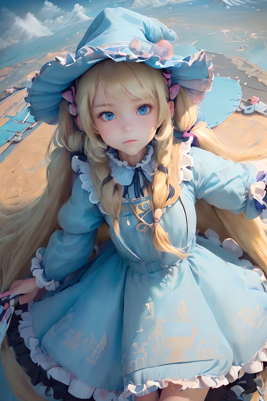 ((((hyperdetailed face, Perfect face and nice perfect face)))),( hight resolution, ultra-detailliert), (((((Petite girl with long hair blonde twin tails)))),(())),((((Light Blue Maid Dress)))),(((lying back))),(((umbrellas))),(((witch's hat))),(((sea of clouds))),((())),(((Medieval cityscape))),(((Ruffled skirt, Highest Quality)))),(((Flying in the sky))),(((Angle from above)),(((Nazca Lines)))