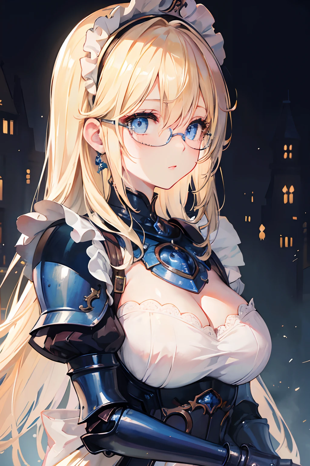 Uppet body,Female,Cute,Anime,Beautiful detailed eyes,Beautiful detailed lips,longeyelashes,(maid),(Glasses), Blonde hair, Blue eyes,full armor,Strong,Wearing armor,Middle Age,Vintage Mansion,Professional,Bokeh