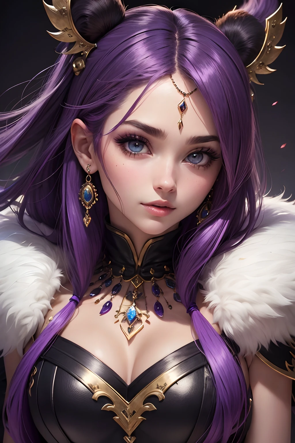 (master part, best quality), 1girl, beautiful face, Lulu_ff10, olhos vermelhos, jewelries, toupeira, Batom Roxo, coque de cabelo, fur trim