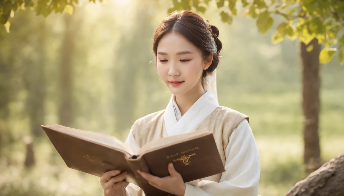 (Best Quality,Ultra-detailed,realisitic:1.37),portrait of a,Korean men and women reading the Bible,Oil Painting,Traditional Korean Costume,Peaceful garden scene,Soft sunlight,tranquil expression,wisdom,Bible Quotes,vibrant colours,delicate brushwork,subtle textures,lush greenery,Contemplative atmosphere,Beautiful picture book,Highlighted features:Eyes in focus,gentle smiling,Graceful posture,Sunlight shining through the trees,rays,Quiet surroundings,serene ambiance,A Blessed Moment