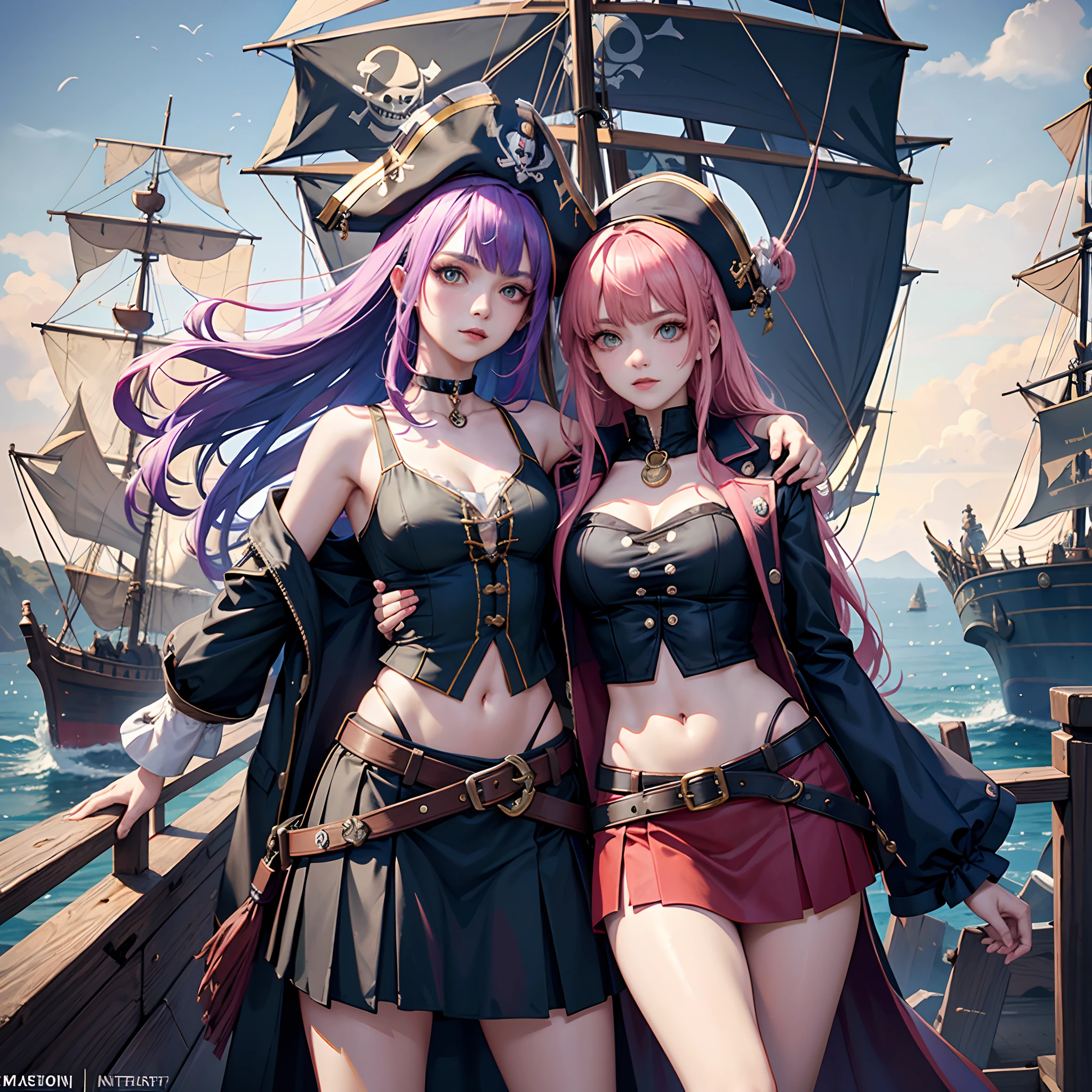 English woman,1girll,Lovely and beautiful Fas,28 year old,Colorful hair,double tails, Practical pirate clothing, (Long-sleeved pirate top), Skirt,Torn pirate hat, view the viewer, fantasy,(Pirate ship),Cinematic lighting,Masterpiece,Alstromeria mixed