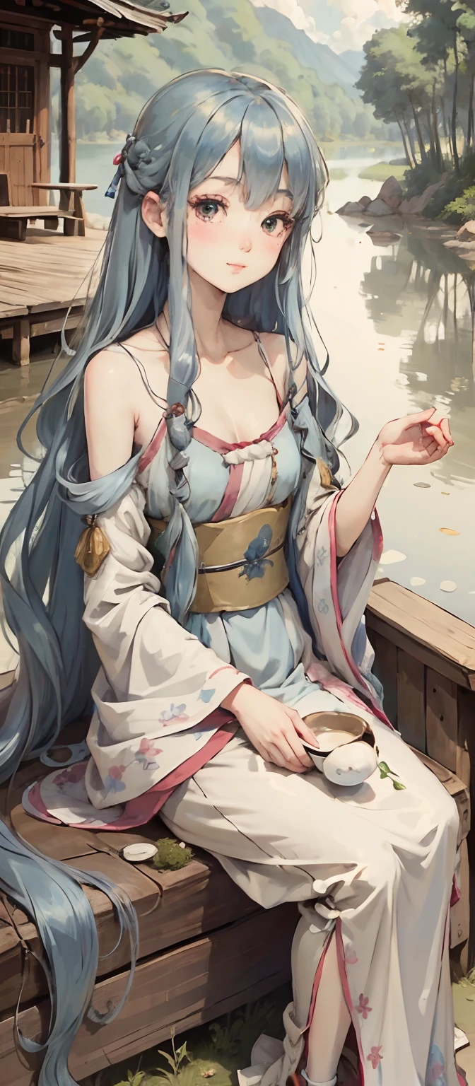 Masterpiece, Best Quality, Official Art, 8k Wallpaper, Very Detailed, Illustration, 1 Girl, Sky Blue Hair, Long Hair, Detailed Eyes, Forrest Gump, Bare Shoulders, Hanfu, Lake, Pure, Soft Smile, bamboo, tea