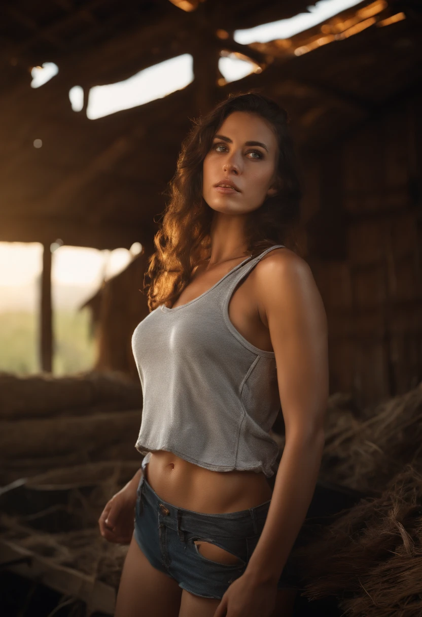hyper real photo of ((woman inside a cluttered barn wearing sexy worn-out torn cotton tanktop)), ((detailed realistic face and eyes)), cinematic lighting, 8k resolution, (modelshoot style), sunset, (from_below:1.4), soft small nipples covered by (ripped torn cotton tanktop), natural breasts