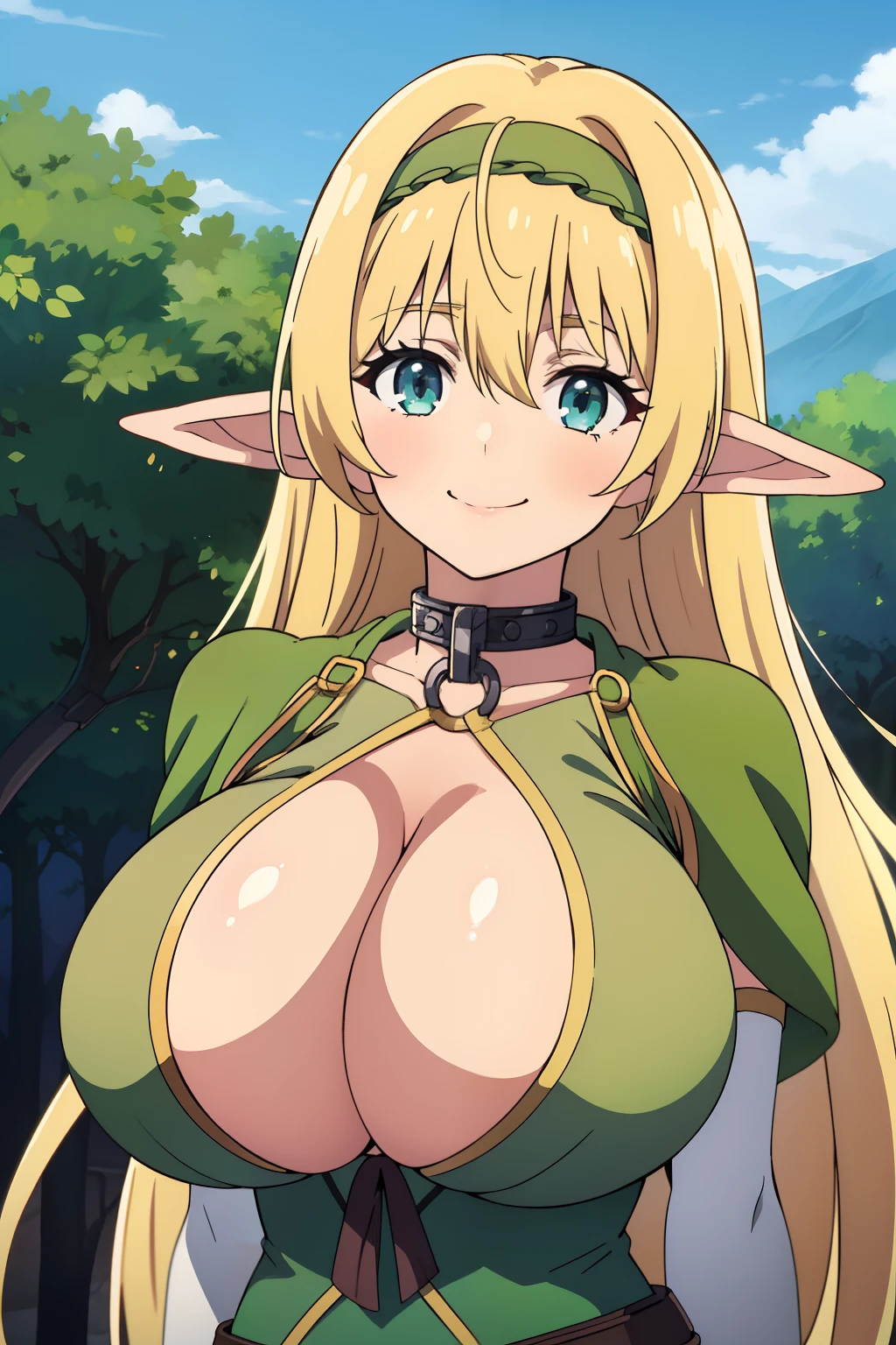 anime style, 12 years old, big eyes, cleavage, criss cross halter, loin cloth, elf,gem,chain,choker,blonde hair,blue eyes,bangs,very long hair, (hair between eyes:1.3),blunt bangs,green hairband, green ribbon, best quality, high resolution, 1girl, (huge breasts:1.2), smile, closed mouth
