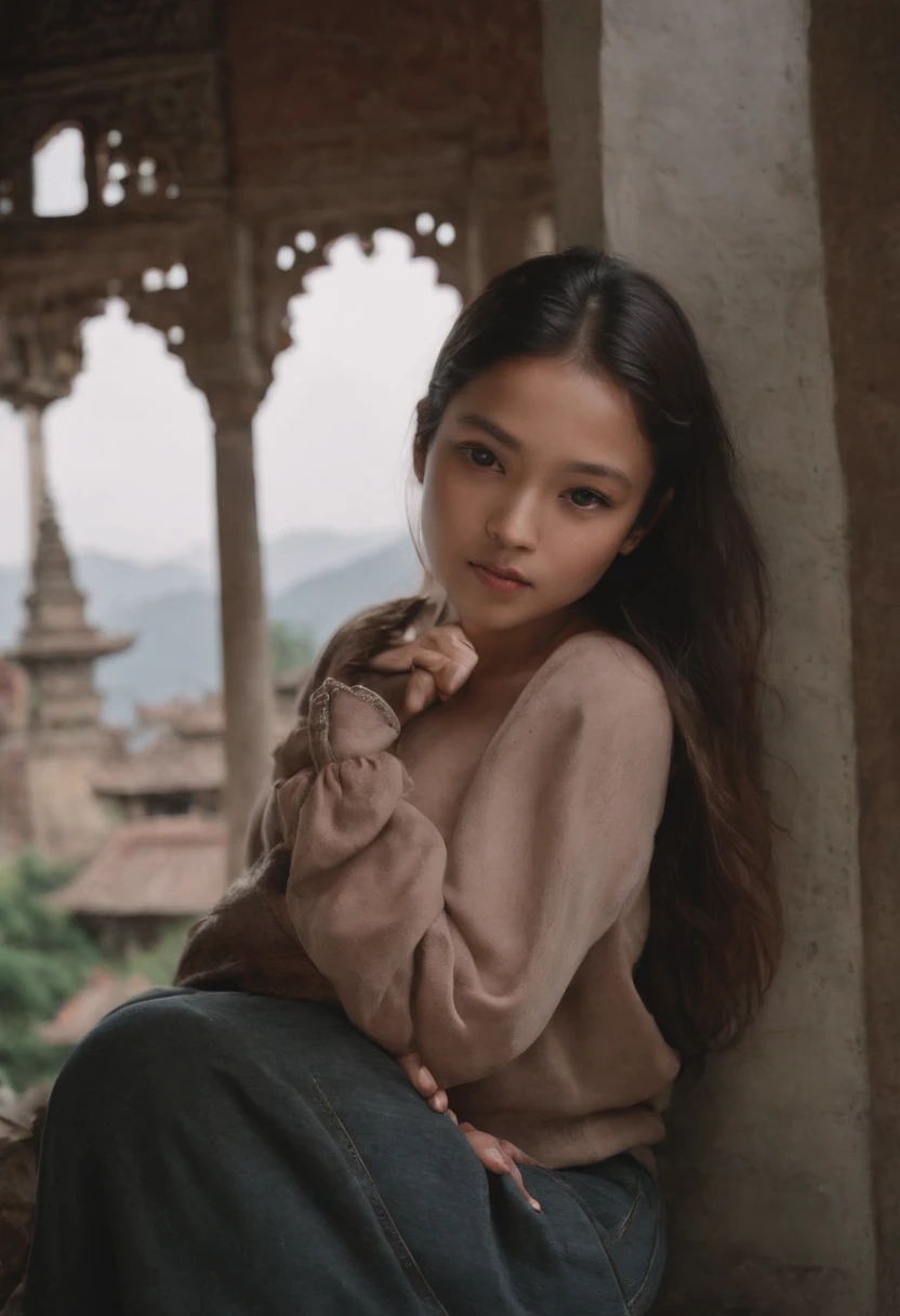 travellers, in the style of rap aesthetics, girl,Nepal,make for a memorable photo. The background is to the ancient temples and palaces of Kathmandu ,photo taken with fujifilm superia, charly amani, oversized portraits, babycore, upper body
