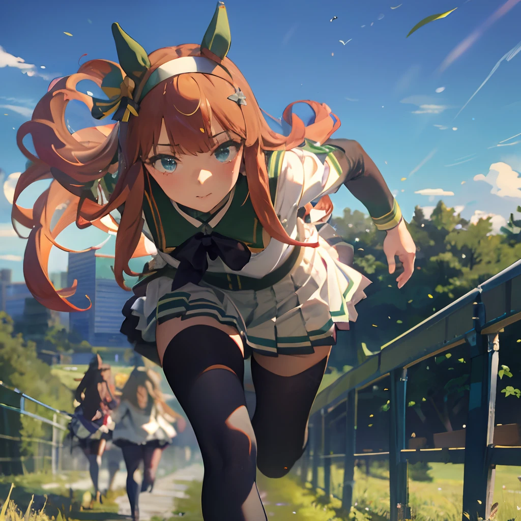 Masterpiece, Best Quality, close up, face shot,
silence suzuka \(umamusume\),, white skirt, pleated skirt, black tights, white bra with patches, black bow, running, Loose grass, heel, Butt view, full length, Srusy
