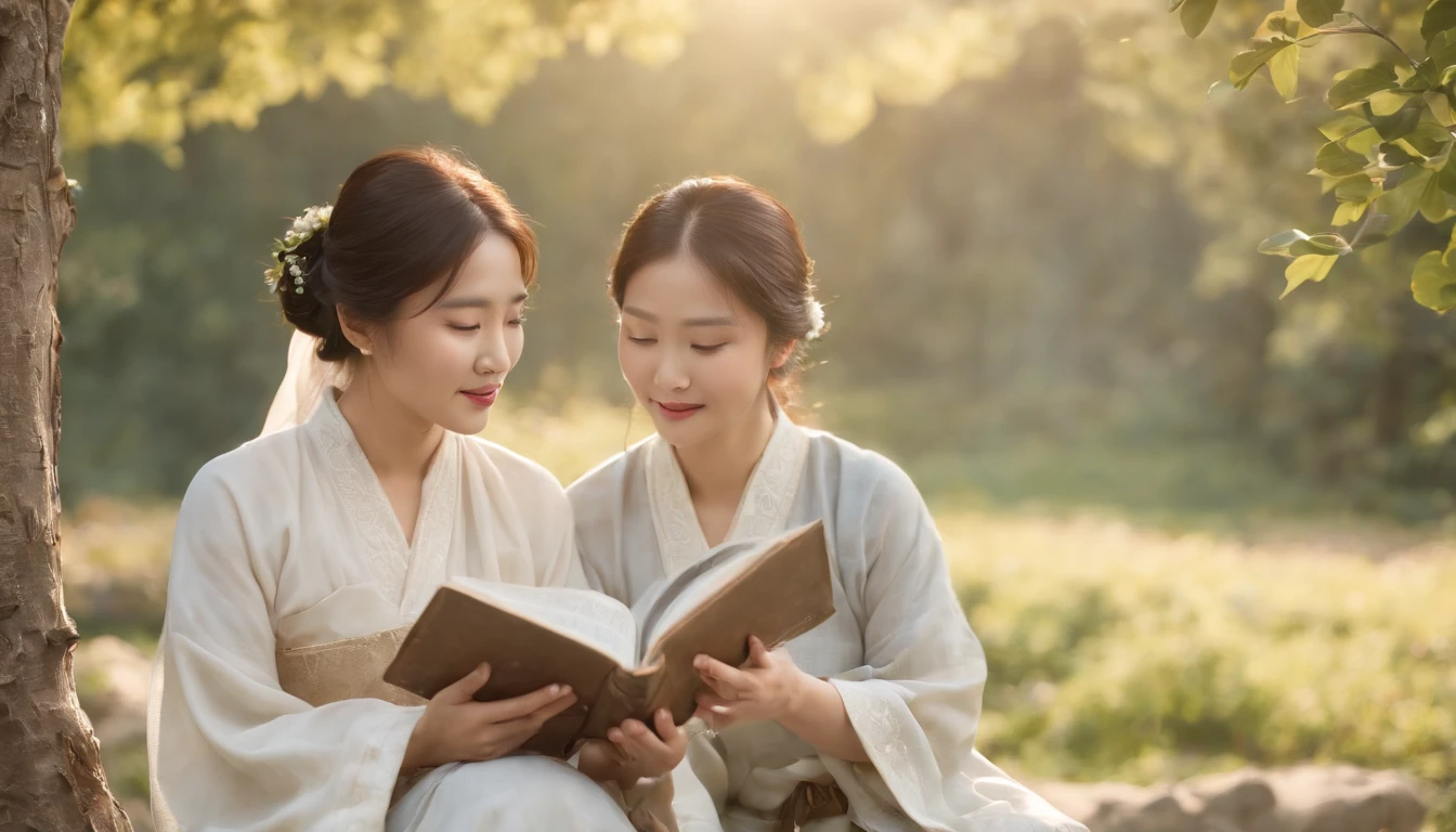 (Best Quality,Ultra-detailed,realisitic:1.37),portrait of a,Korean men and women reading the Bible,Oil Painting,Traditional Korean Costume,Peaceful garden scene,Soft sunlight,tranquil expression,wisdom,Bible Quotes,vibrant colours,delicate brushwork,subtle textures,lush greenery,Contemplative atmosphere,Beautiful picture book,Highlighted features:Eyes in focus,gentle smiling,Graceful posture,Sunlight shining through the trees,rays,Quiet surroundings,serene ambiance,A Blessed Moment