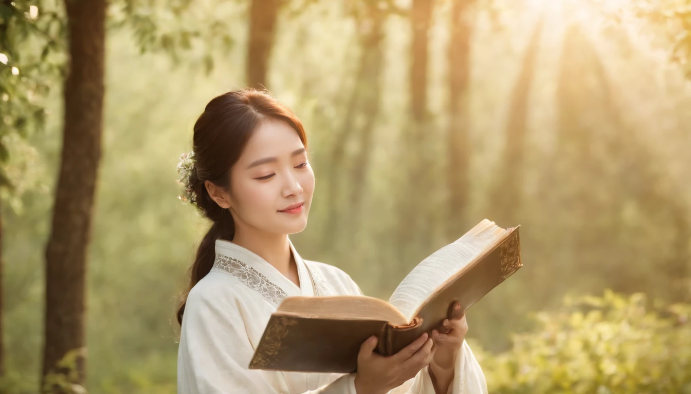(Best Quality,Ultra-detailed,realisitic:1.37),portrait of a,Korean men and women reading the Bible,Oil Painting,Traditional Korean Costume,Peaceful garden scene,Soft sunlight,tranquil expression,wisdom,Bible Quotes,vibrant colours,delicate brushwork,subtle textures,lush greenery,Contemplative atmosphere,Beautiful picture book,Highlighted features:Eyes in focus,gentle smiling,Graceful posture,Sunlight shining through the trees,rays,Quiet surroundings,serene ambiance,A Blessed Moment