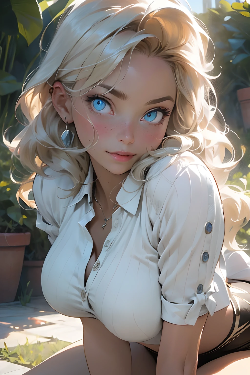 Melancholy lighting, Take it easy, calm, shine, masterpiece, best quality, 1 girl, (JinxLol: 1.2), (ultra photorealistic: 1.3), (masterpiece: 1.4), best quality, ((realistic)), high quality, Ultra Detailed, ((real image)), ((realistic skin)), ((realistic face)), (illustration: 1.05), (beautiful: 1.05), (beautiful detailed eyes: 1.05), (exposing big boobs:1.0), (cinematic light: 1.1), full body, accurate proportions, 25-year old girl, CURVY model FULLY BUTTON SHIRT, waves, BLOND hair fluttering in the wind, long legs, slightly open feet, butt, blushing, shyness, clavicle, abs, double texture, beautiful and delicate face, fair skin, real skin, (face detail), couples, super high res, 8k, parameters Best quality, masterpiece, super high res, (Realistic 2.0), more details, detailed skin, wide smile, white teeth, VOLUMINOUS GINGER BLONDIE hair, perfect and well-drawn eyes, girlfriend, cute, pretty, studio illumination, modern laboratory surronding:1.2), (((PERFECT EVEN EYES:1.4)))