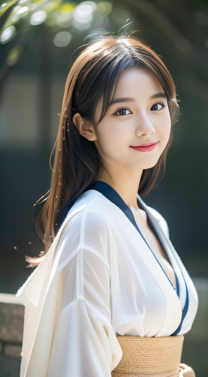 (((32k,high detal,high-detail、masterpiece,Attention to detail,full body Esbian,独奏))),Raw photo & realistic atmosphere,beautiful dark blue eyes,Detailed mouth,Glossy lips,Detailed eyebrows,Eyes drawn in detail with soft white skin that shines with every detail、Very beautiful eyes with azure eyes,Detailed lips、Very beautiful face,Very well-formed face、Lifelike face,shiny beautiful lips,Beautiful eyebrows,Infinite reality, Realistic Young Gravure Idol,Very cute high school girl, , Young Sensual Gravure Idol, Young Gravure Idol, Beautiful cute bullish17 schoolgirl,the whole body is wet,dripped out,with a flushed face,Incredibly beautiful and dignified17 year oldul girl,natural soft light、(The body is dripping wet,Sheer clothing,black shiny hair,Hair is wet,Dripping water,dripping:1.3),(bare-legged,Kendo Doshi and Hakama,Beautiful kind eyes:1.5),(youthfulness,Wearing kendo armor,Beautiful smooth legs,Exposed thighs,Thighs protruding from the hakama,Gentle smile,well-shaped breasts,,Immature body,Japan kendo kimono,Kendo Match,Japanese-style semi-long hair,Bunting your hair back into one,Beautiful posture,Rear view:1.6)