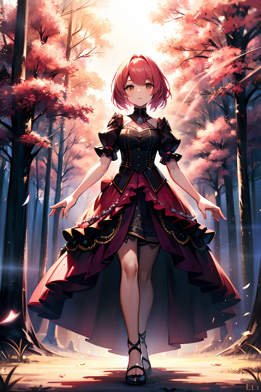 A beautiful woman, 32 years old, Short red hair, shimmering brown eyes, with , with a purple and pink blaser, Sheer tulle skirt, and white background, Intricate details,(fully body photo), Full body character design,Solo, 1 girl,standing on your feet,ln the forest,fine art photography,(Movie Angle: 1.2), (Best quality, Detailed details, Masterpiece, offcial art, movie light effect, 4K)
