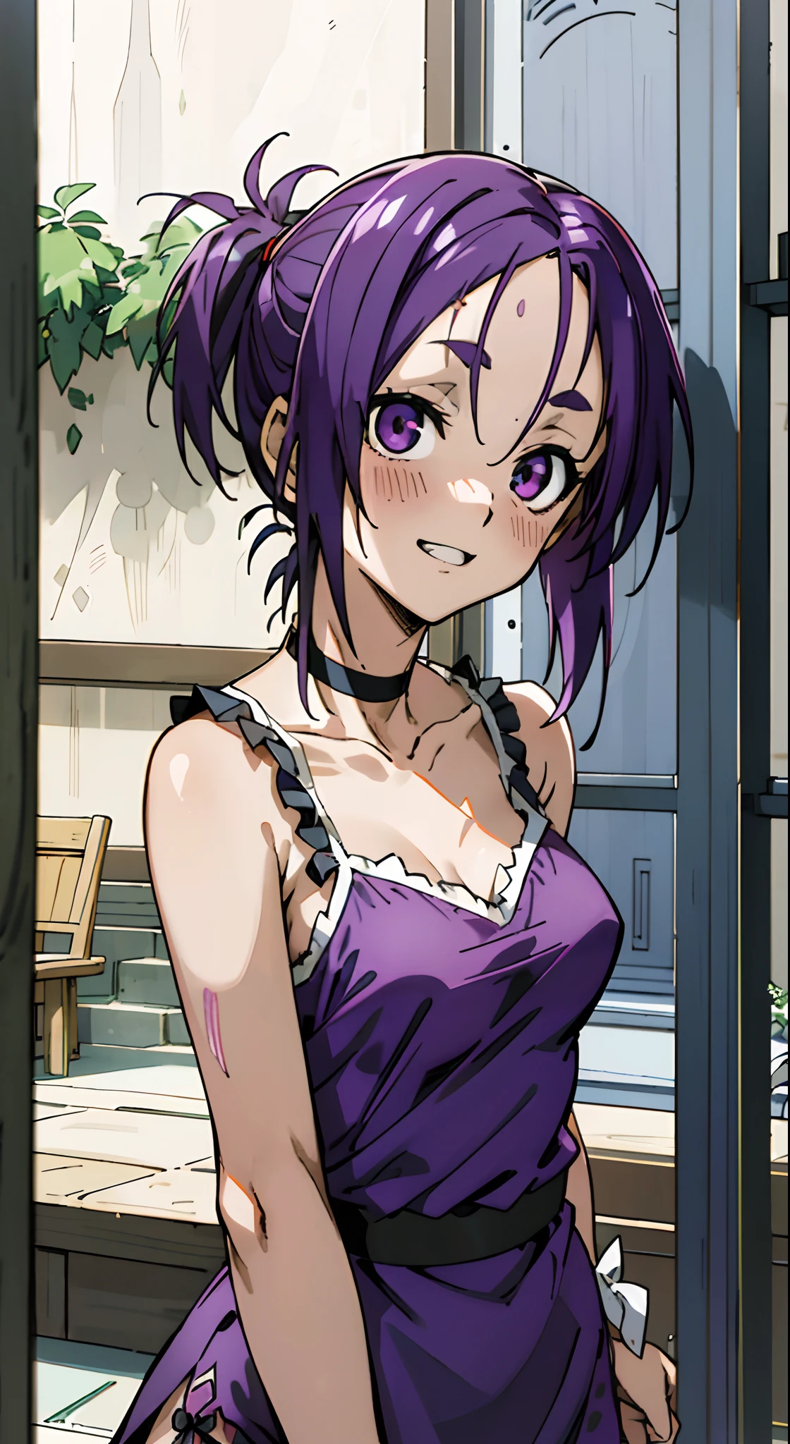 masutepiece, Best Quality, Ultra-detailed, Colorful,Up-close, Hyper-detailing,purple color hair, Reo Mikage, Blue Lock, no sleeves, Camisole and cheongsam, chinese clothes, Chest exposure, Underwear, Ruffled underwear, Metamorphosis is exposed, Choker, Black Choker, arm warmer, Relative area, Sexy breasts, Scar, Big breasts, red blush, 1girl in, Solo, Sharp face, Heterochromia, Green eyes, Purple eyes, Bare neck, Happy face, rays of sunshine, Brave Sky, shining sky, Shanghai Village, Slums