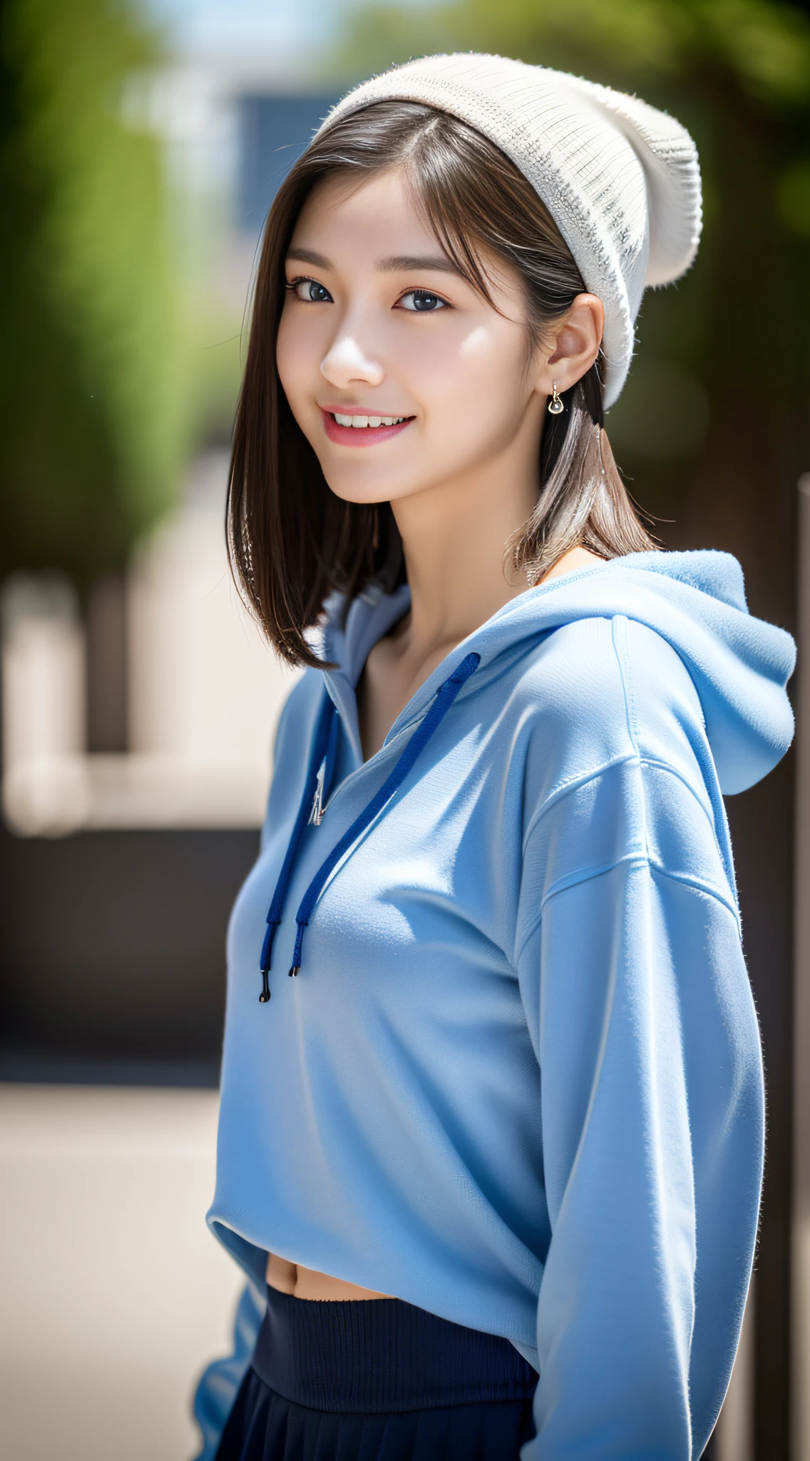 (((32K,very high res, high detailing, highly accurate,Masterpiece Girl 1))),Raw photo & realistic atmosphere,beautiful dark blue eyes,Detailed mouth,Glossy lips,Detailed eyebrows,Soft white skin that shines with every detail,,Eyes drawn in detail、Very beautiful eyes with azure eyes,Detailed lips、Very beautiful face,Very well-formed face、Lifelike face,shiny beautiful lips,Beautiful eyebrows,Infinite reality,Best design,(Insanely cute active and aggressive Japan girl,,Toned body,Perfect High School Girl Gal Leader Model,Beautifully shaped breasts,Very cute and fun beautiful girl,Little GirlBest Natural Makeup,Japanese ido,Korean Idols,Young sensual idol,Moist eyes,Dark beautiful eyes,Beautiful butt,beauty legs,,camel's foot,:1.3),超A high resolution、,Natural and realistic face,Back lighting,Pure eyes are too cute,(((photorealisim,Photograph the whole body))),,Reality Live Action,(simple earrings,a necklace,Glossy nail art,Blue sweat hoodie and wide cargo pants and white sneakers,Boys Fashion,knit hat,独奏,Lori,Smile faintly,full body Esbian:1.7),(Show full-body fashion,casual15Young schoolgirl in Japnde Shorthair:1.8)