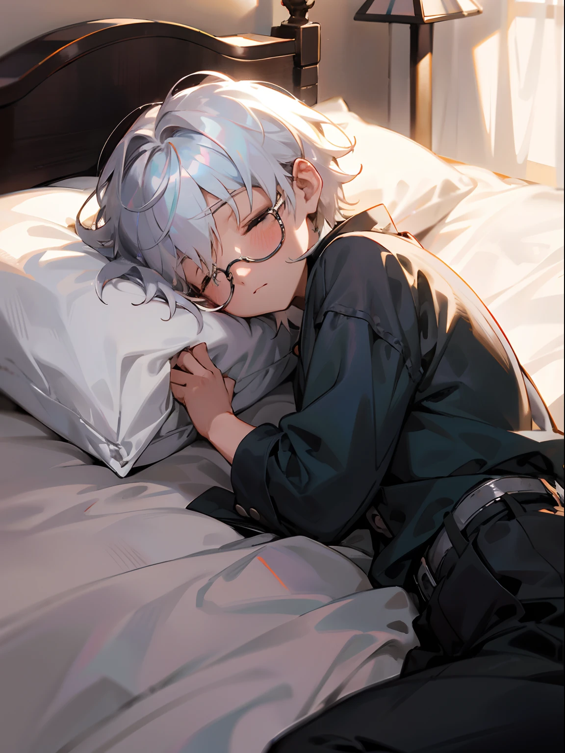 Male child, eye glasses，(silber hair),Iridescent background，Are sleeping，Western-style room，a bed，