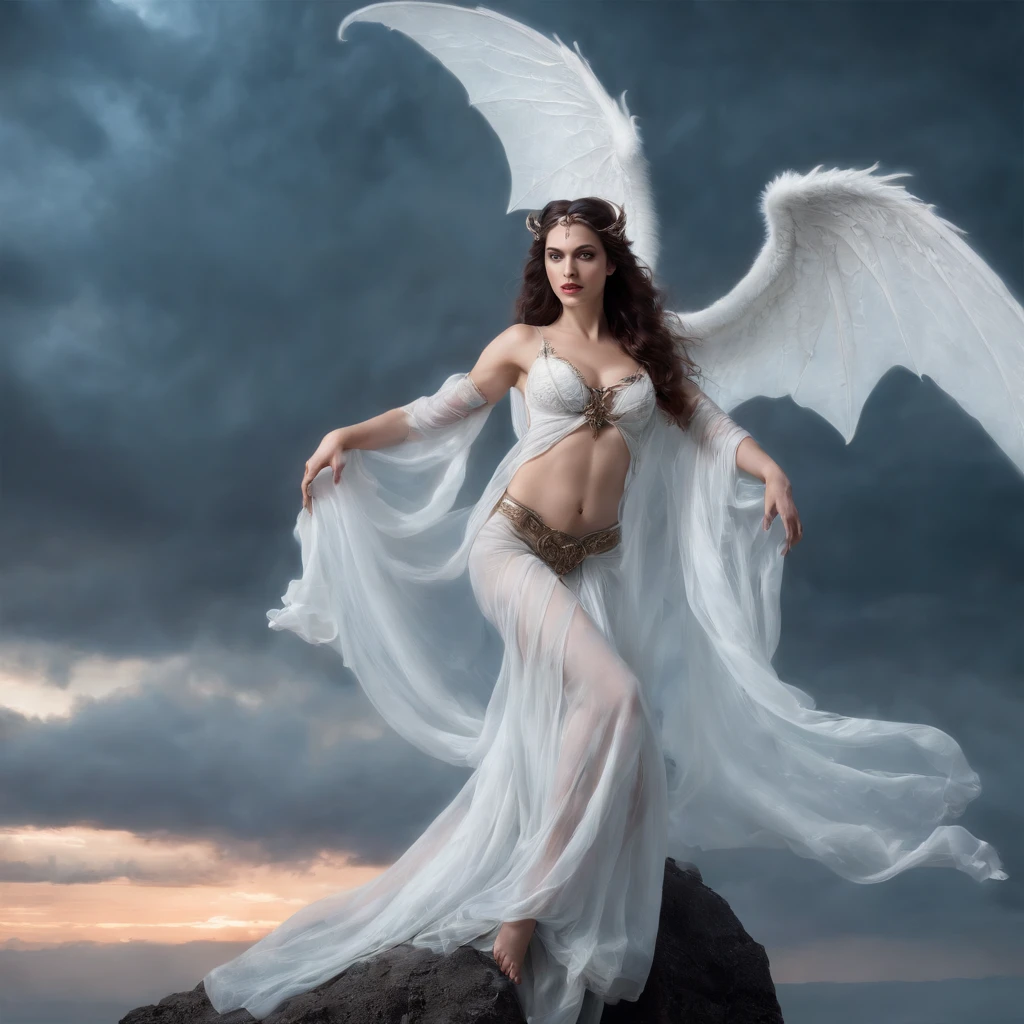 ((best quality)), ((masterpiece)), (detailed), alluring succubus, ethereal beauty, perched on a cloud, (fantasy illustration:1.3), enchanting gaze, captivating pose, delicate wings, otherworldly charm, mystical sky, (Luis Royo:1.2), (Yoshitaka Amano:1.1), moonlit night, soft colors, (detailed cloudscape:1.3), (high-resolution:1.2)