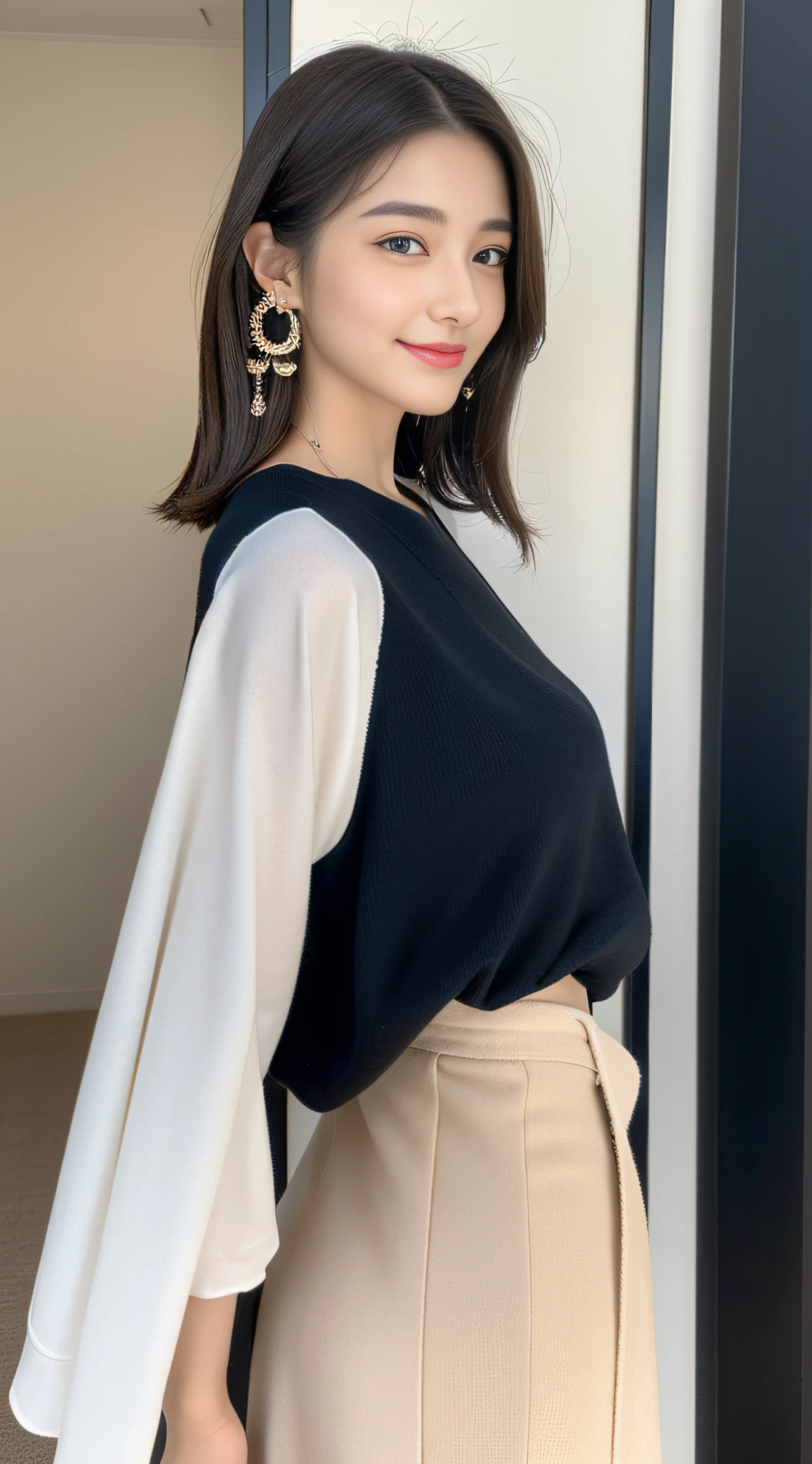 (((32K,very high res, high detailing, highly accurate,Masterpiece Girl 1))),Raw photo & realistic atmosphere,beautiful dark blue eyes,Detailed mouth,Glossy lips,Detailed eyebrows,Soft white skin that shines with every detail,,Eyes drawn in detail、Very beautiful eyes with azure eyes,Detailed lips、Very beautiful face,Very well-formed face、Lifelike face,shiny beautiful lips,Beautiful eyebrows,Infinite reality,Best design,(Insanely cute sober and modest Japan 18-year-old girl,,Toned body,Perfect Gal Leader Model,Beautifully shaped breasts,Very cute beautiful girl, Girl:1.5),Best Natural Makeup,Japanese ido,Korean Idols,Young sensual idol,Moist eyes,Dark beautiful eyes,Beautiful butt,beauty legs,,camel's foot,:1.3),超A high resolution、,Natural and realistic face,Back lighting,Pure eyes are too cute,(((photorealisim,Photograph the whole body))),,Reality Live Action,(simple earrings,Necklace Arm,Watches,Glossy nail art,Girlish clothes,Wear a black coat over a sweatshirtie in a light color of primary colors,Wide pants,espadrilles,Beautiful fashion,short-hair,独奏,Lori,Smile faintly,full body Esbian:1.7),(Show full-body fashion,:1.8)