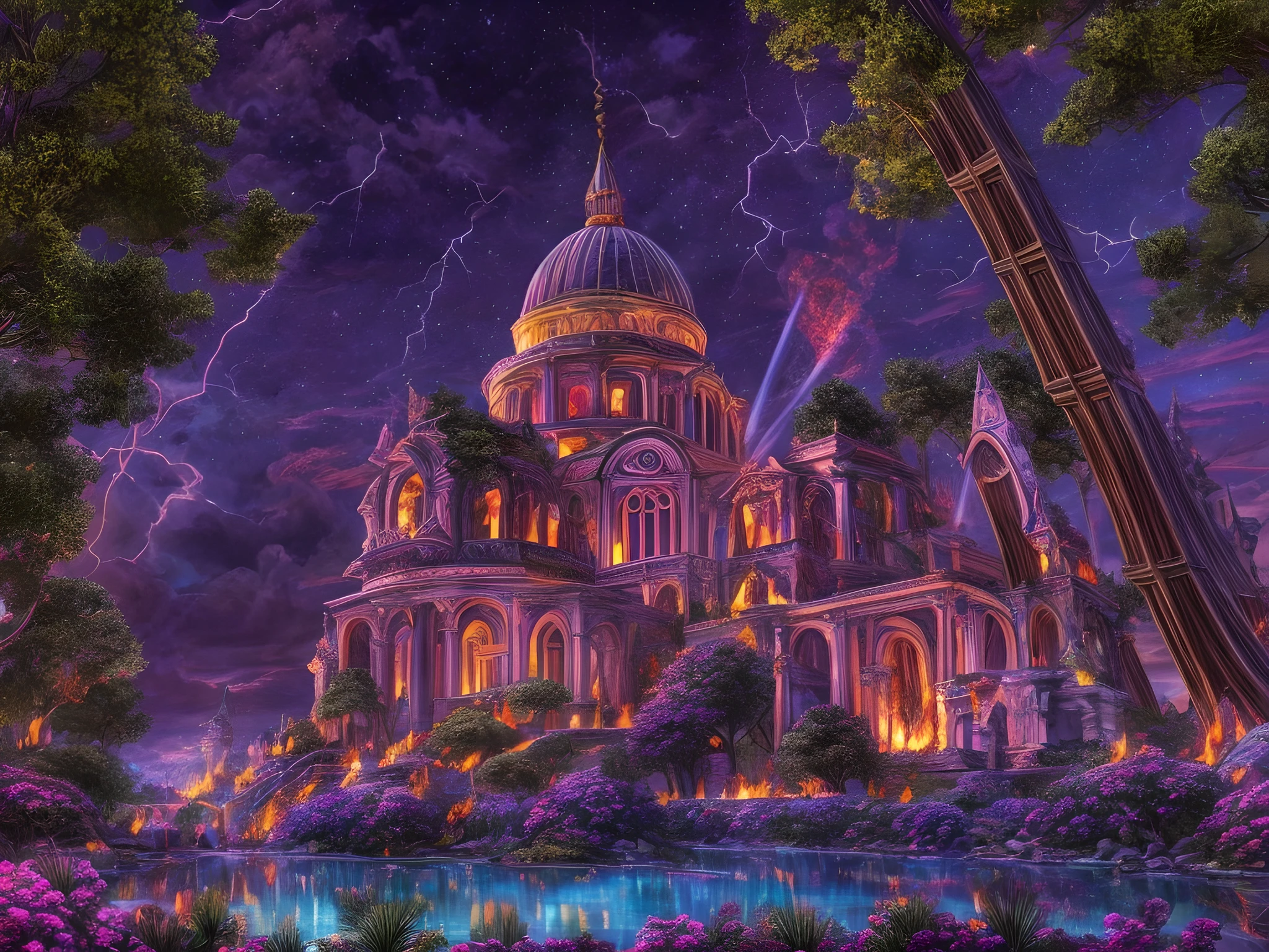 fantasy art, RPG art, photograph, RAW, (Ultra detailed: 1.5), Best Detailed, picture of temple of magic worship, an epic fantasy building intensive art work, live like statues, stained glass art, Renaissance art work with, decorations of (fire: 1.2), BREAK and (lightning: 1.2) BREAK and (earth: 1.2) decorating the building, a medium distance shot, night time, full moon, stars. fantasy magical city background, (masterpiece: 1.5), best quality, (extremely detailed), ultra wide shot, photorealism, depth of field, hyper realistic, 2.5 rendering