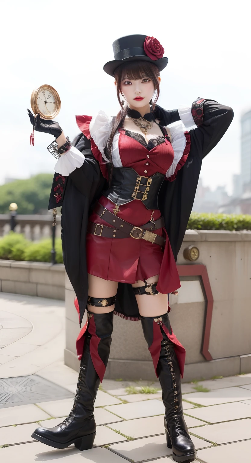 Young woman in steampunk fashion、Good Style、、crimson clothes、、Idol face、large full breasts、Phantom thief fashion in miniskirts、Black top hat