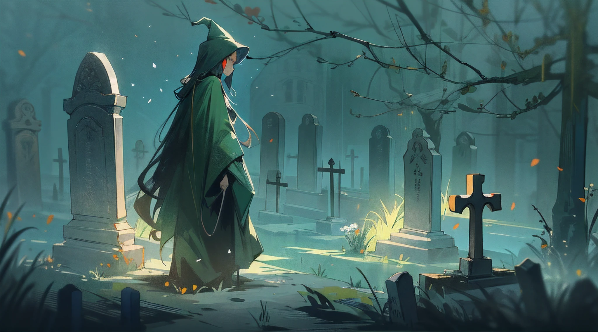 (tmasterpiece,Need,4K),An old witch stands in front of two tombstones,Green robe(Smooth fiber texture),Black witch hat,Helpless loneliness,Back shadow,Flowing skirt,Back shadow,silence,Divine light,brutal,Broken,Gorgeous light and shadow,hair-bun(Coiled hair),silber hair, Illustration style, Art gallery,Cartoony,Soft light,Love, Romantic, Blue,Background with,iintricate,golden colored,A cemetery shrouded in fog,超细节的