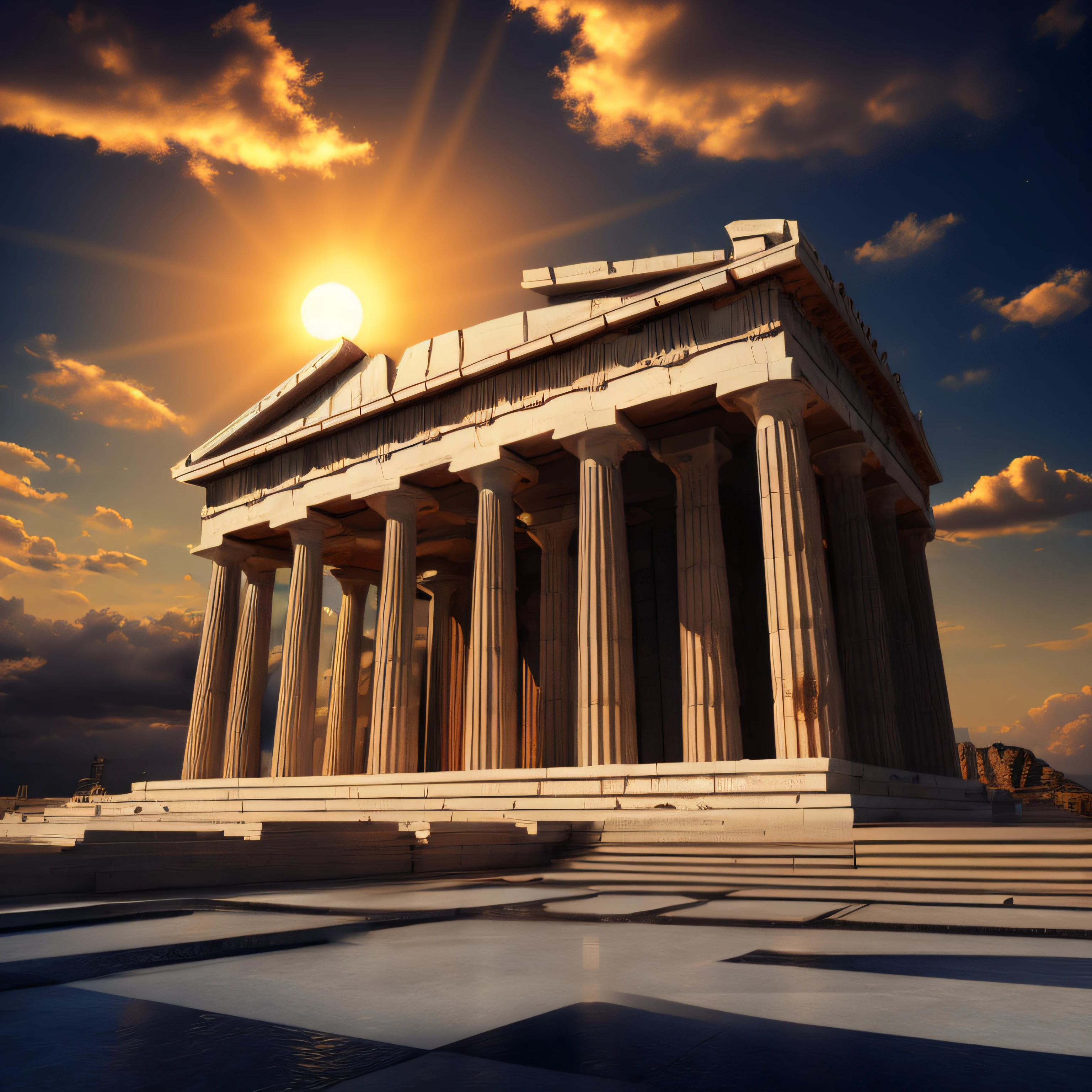 greek temple, dark, one spotlight in the center, heavenly, valhala, home of the gods, wisdom, place of contemplation, cinematic, ULTRA REALISTIC, sky alignment, ULTRA DETAILED, Handcraft Masonic style, State-of-the-art Construction