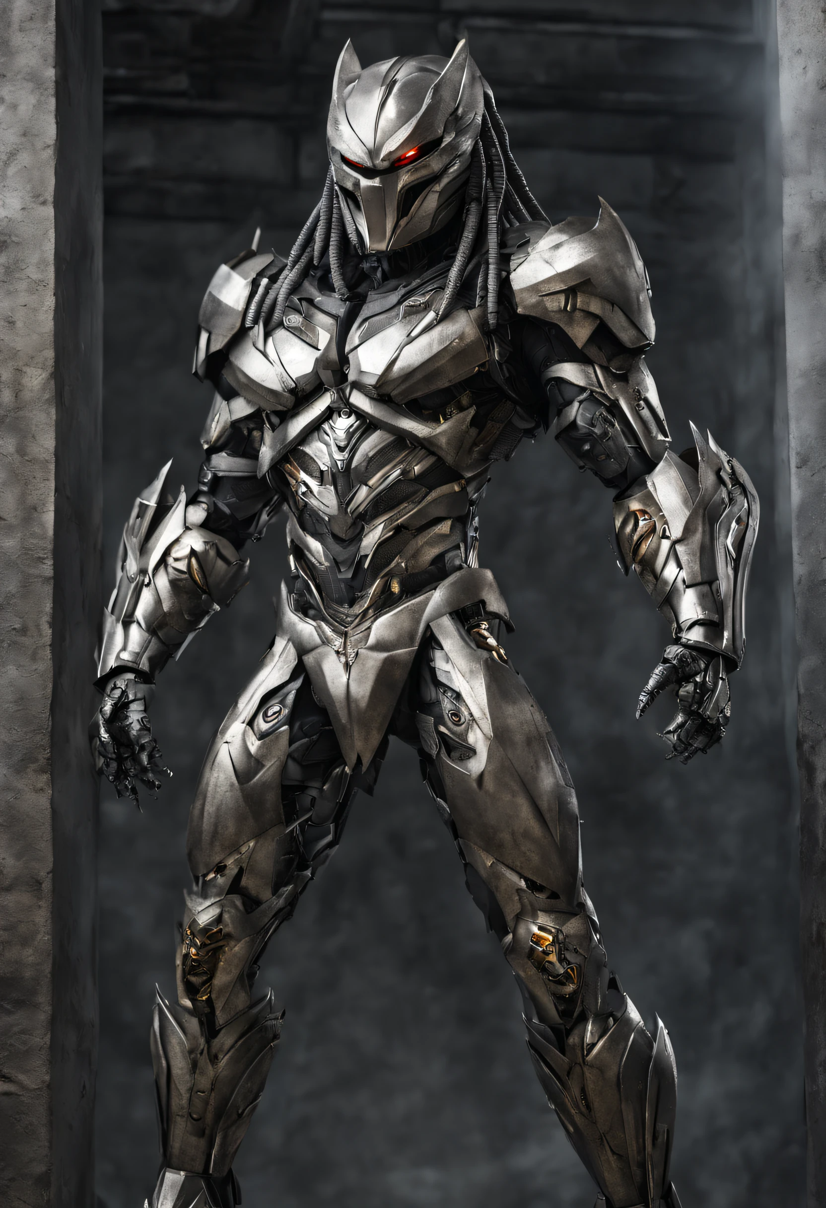 predator,full body photo,gray skin with scales, Cybernetic, technological silver armor, Robotic armor, Batman, Authentic background
