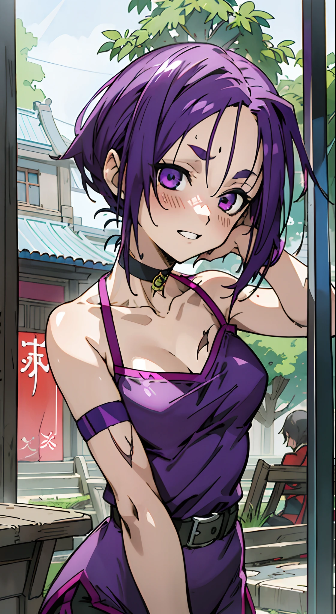 Masterpiece, Best quality, Ultra-detailed, Colorful,take up close, Hyper-detailing,purple color hair, reo mikage, bluelock, no sleeves, camisole and cheongsam, chinese clothes, chest exposure, underwear, frilly underwear, the kinky is exposed, choker, black choker, arm warmers, Wristband, belt wristband, relative area, five fingers, well tattooed showing the tongue, perfect arms, perfect hands, perfect fingers, feminine fingers, sexy breasts, scar, big breasts, red blush, 1girl, Solo, sharpy face, heterochromia, green eyes, purple eyes, Bare neck, happiness face, rays of sunshine, brautiful sky, shining sky, shanghai village, slum town