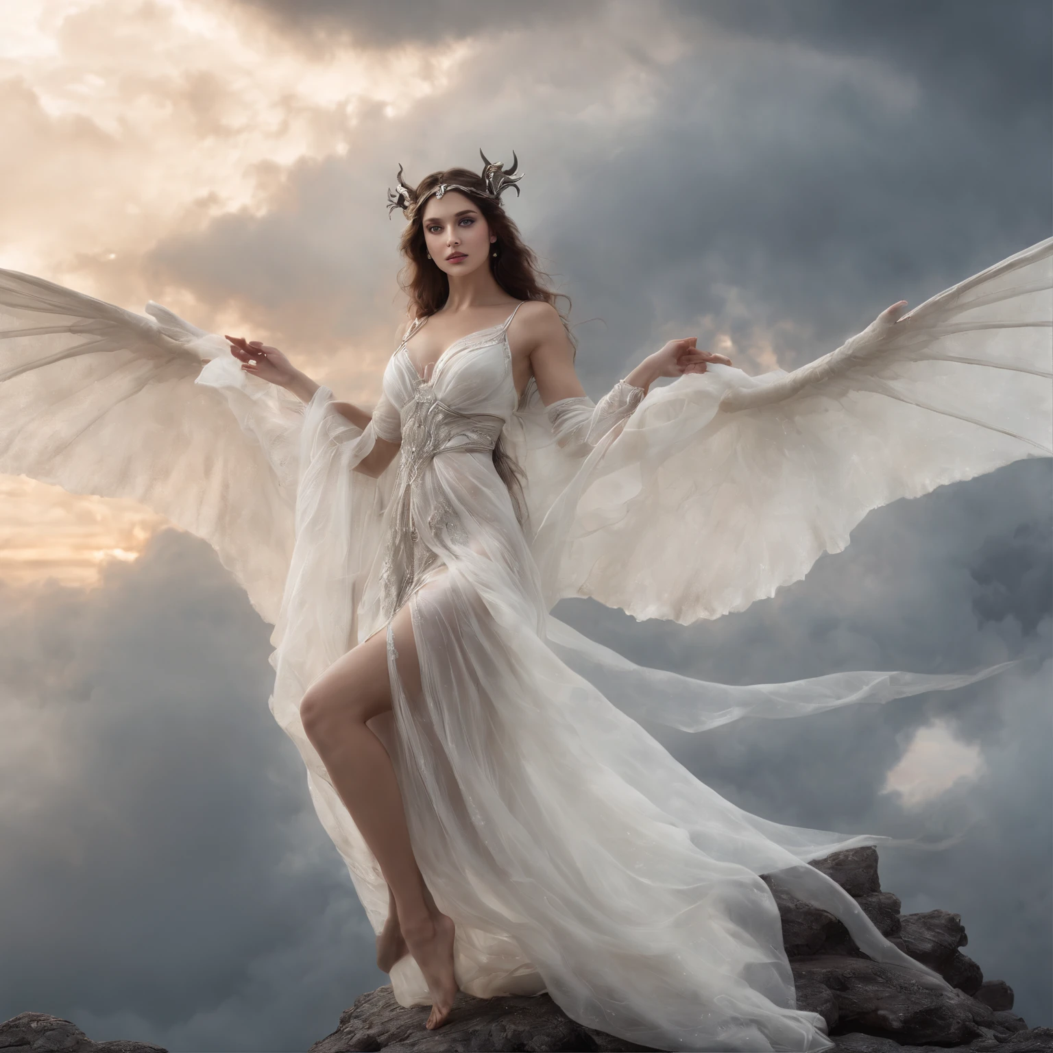 ((best quality)), ((masterpiece)), (detailed), alluring succubus, ethereal beauty, perched on a cloud, (fantasy illustration:1.3), enchanting gaze, captivating pose, delicate wings, otherworldly charm, mystical sky, (Luis Royo:1.2), (Yoshitaka Amano:1.1), moonlit night, soft colors, (detailed cloudscape:1.3), (high-resolution:1.2)
