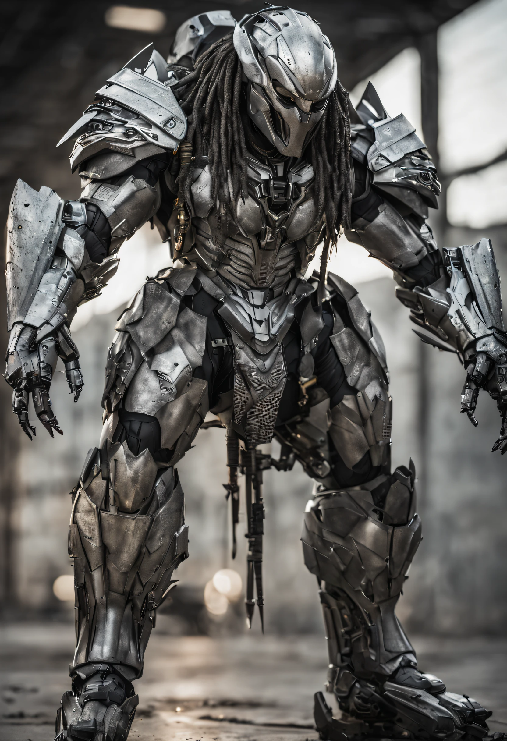 predator，full body photo，gray skin with scales, Cybernetic, technological silver armor, Robotic armor, Batman, Authentic background