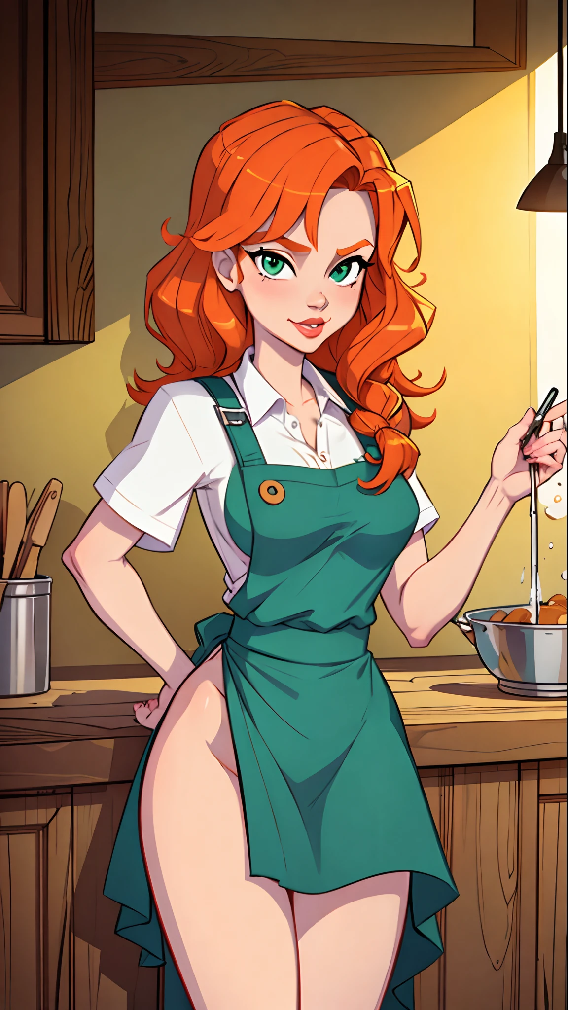 1girl, Best quality, masterpiece, cowboy shot, orange hair, green eyes, tight cloth, apron, kitchen