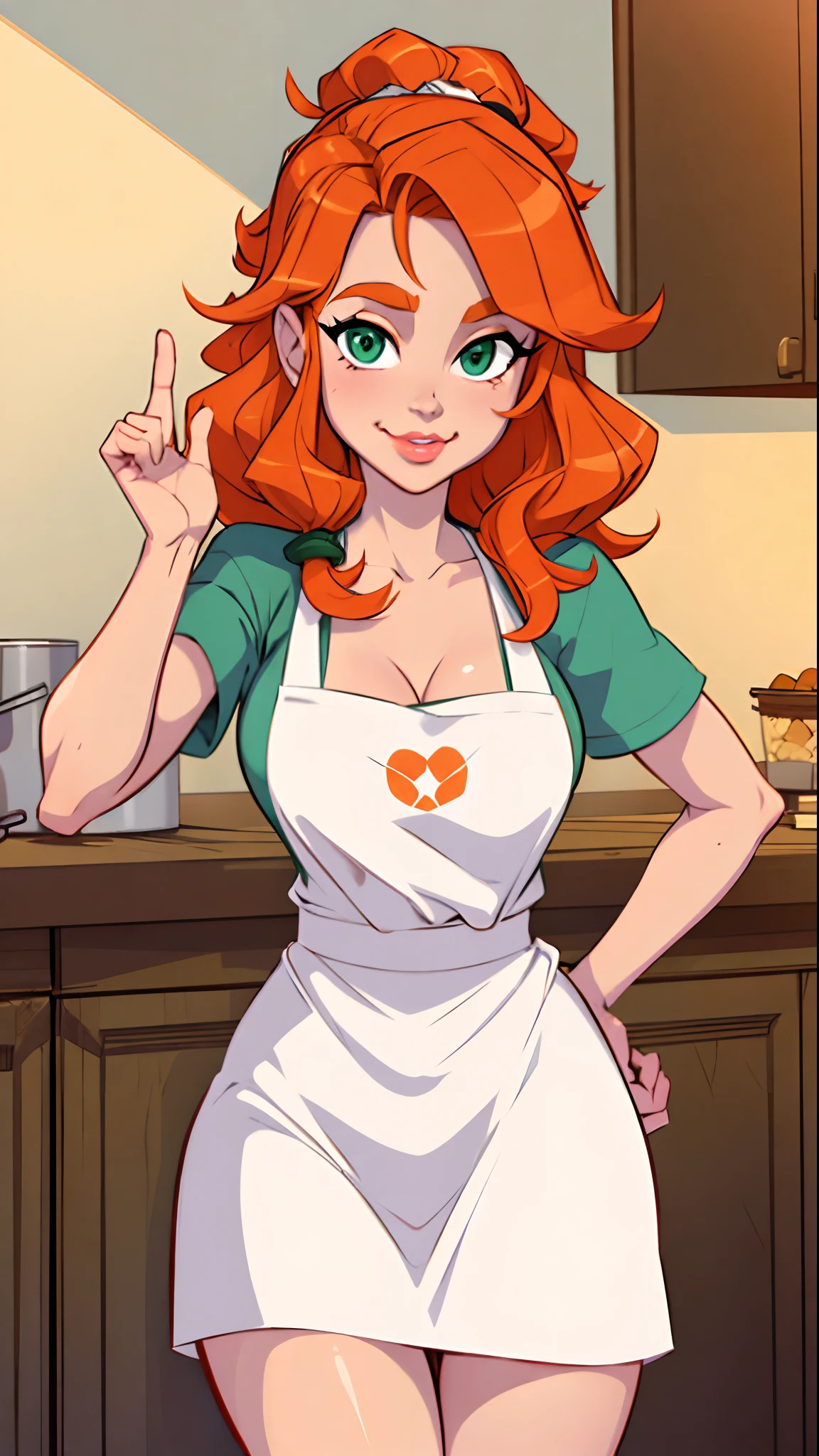1girl, Best quality, masterpiece, cowboy shot, orange hair, green eyes, tight cloth, apron, kitchen