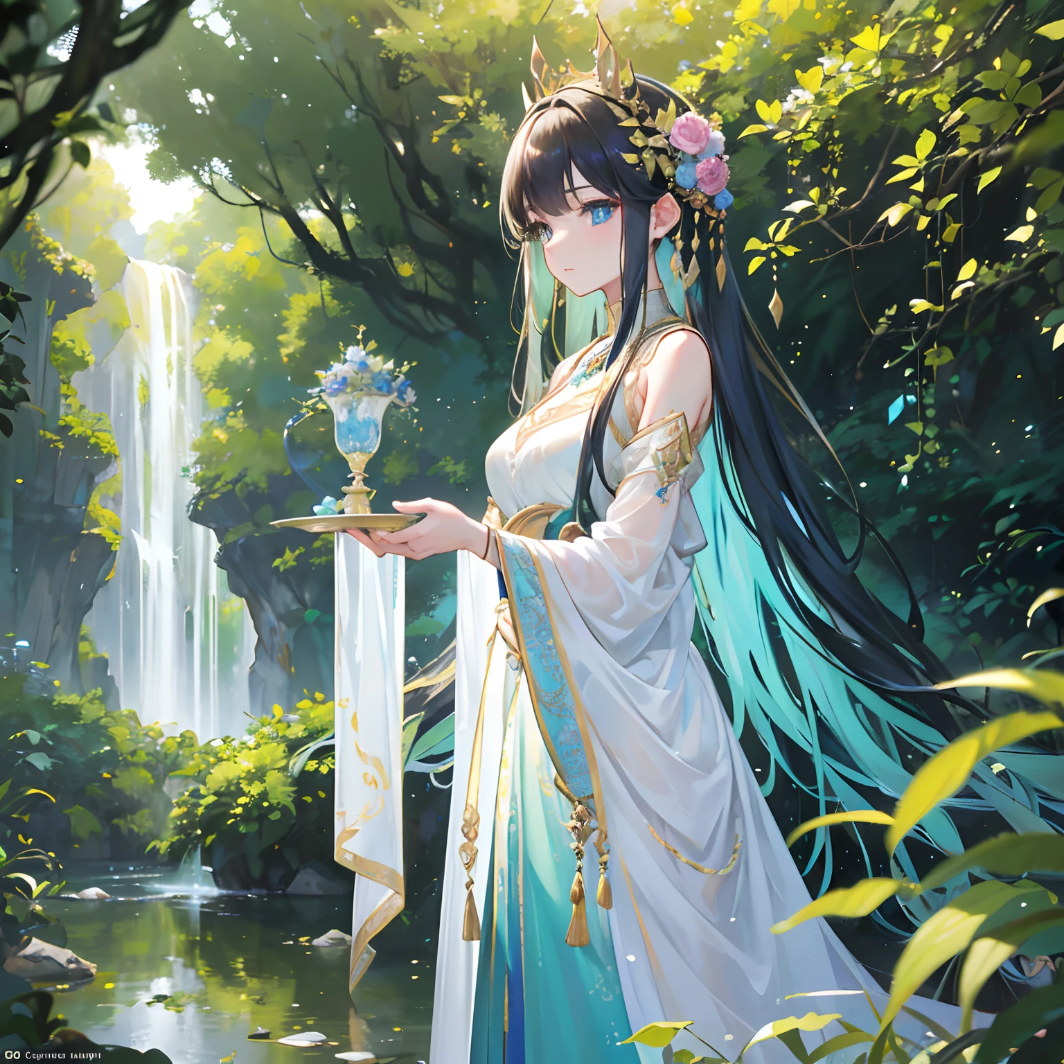 (best quality,4k,8k,highres,masterpiece:1.2),ultra-detailed,(realistic,photorealistic,photo-realistic:1.37), A regal Capricorn girl with a green aura, oil painting, long dark hair, piercing blue eyes, flawless porcelain skin, elegant posture, wearing a crown made of crystals and leaves, surrounded by mystical symbols, standing in a lush garden with blooming flowers and ancient trees, a gentle breeze rustling her flowing dress, a golden glow emanating from her, capturing her mesmerizing presence, the scene bathed in soft, ethereal light, accentuating the delicate details and vibrant colors, evoking a sense of enchantment and royalty.