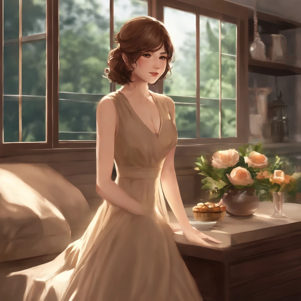 There is a woman in a brown dress standing in a room, Female protagonist, aussi, Female protagonist 👀 :8, Style Jeu Square Enix, Sayori, Ayami Kojima Amano, inspired by Riusuke Fukahori, Deayami Kojima, Makoto Shinka, Kasumi Arimura Style 3/4, female character, Jin Kagetsu