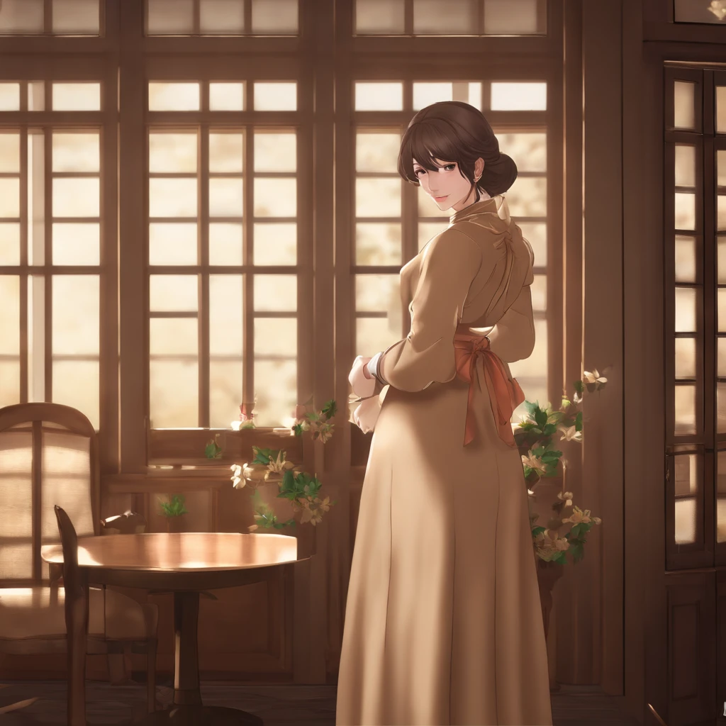 There is a woman in a brown dress standing in a room, Female protagonist, aussi, Female protagonist 👀 :8, Style Jeu Square Enix, Sayori, Ayami Kojima Amano, inspired by Riusuke Fukahori, Deayami Kojima, Makoto Shinka, Kasumi Arimura Style 3/4, female character, Jin Kagetsu